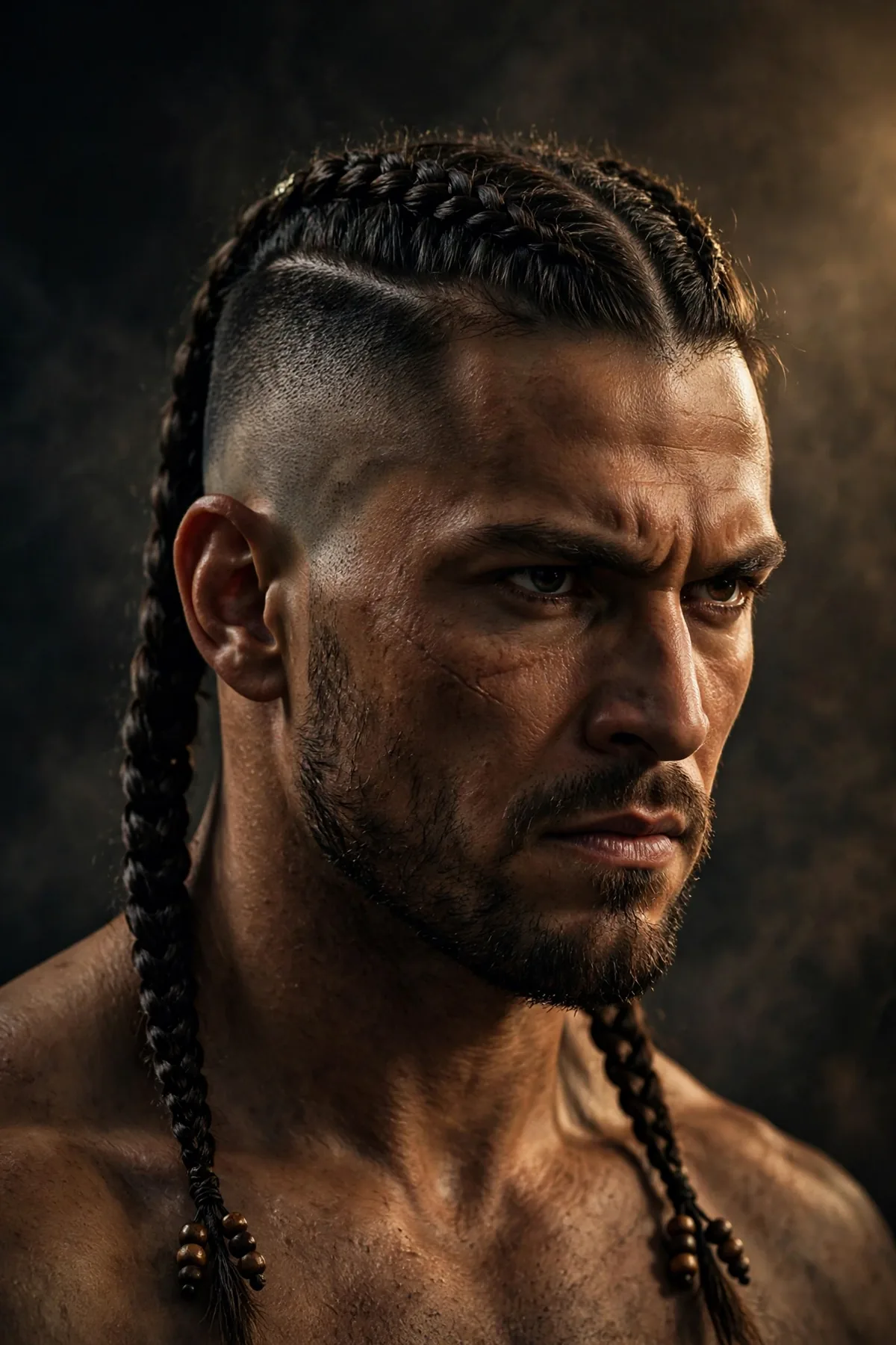 Twin warrior braids haircut for men with two thick braids and faded sides