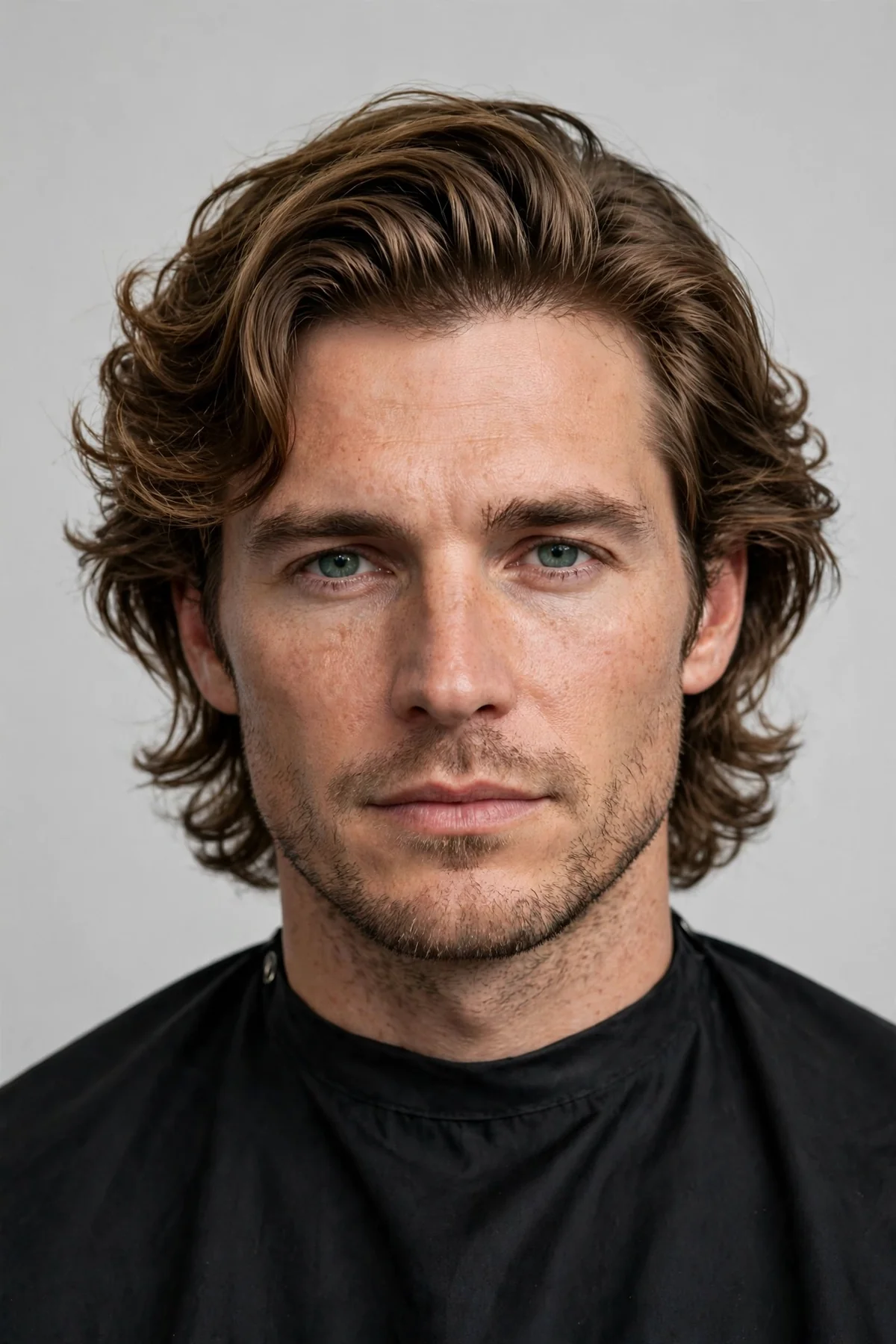 Wavy flow medium length haircut for men with natural waves swept back.