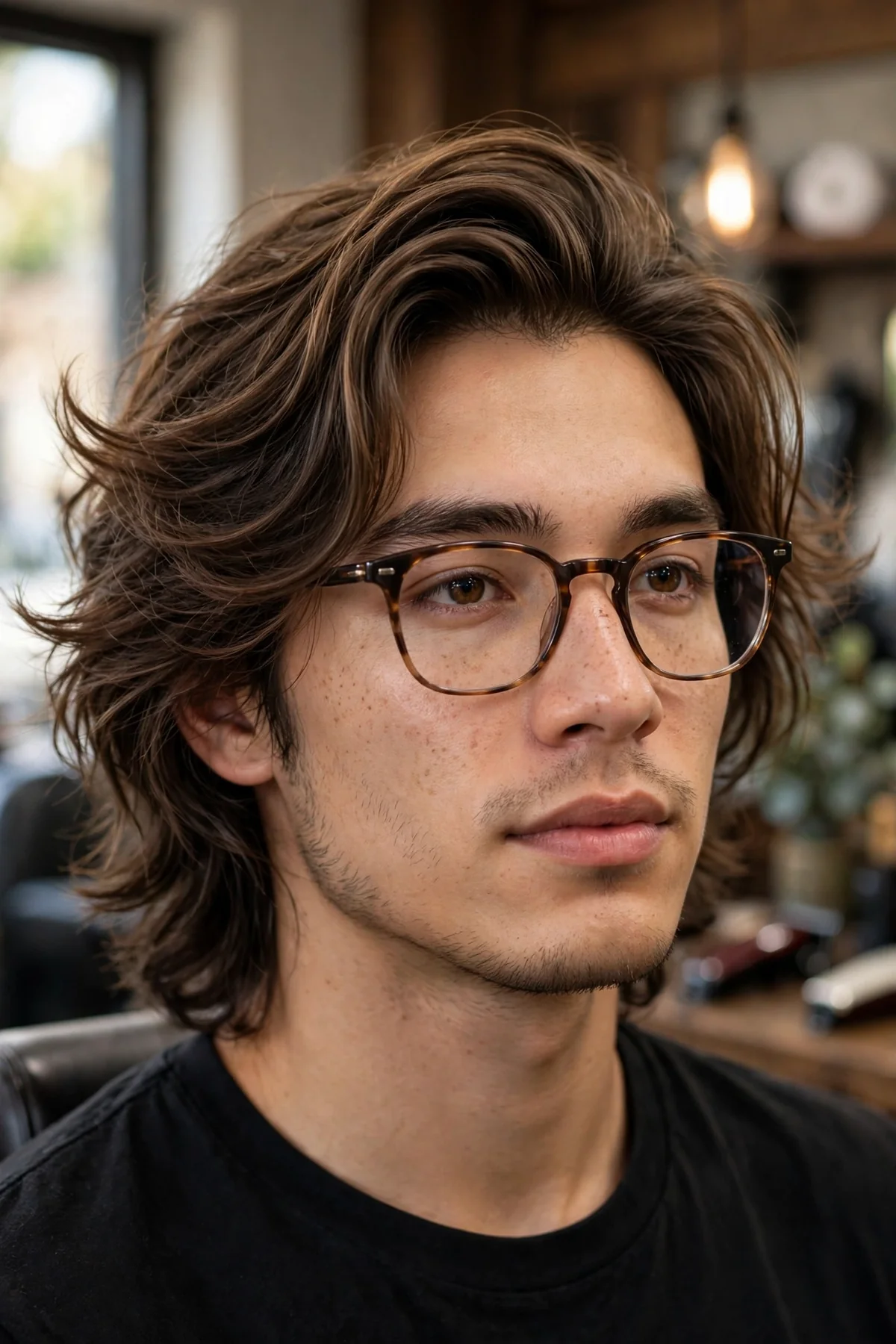 The bro flow for glasses — medium-length hair swept back on a man wearing glasses, barbershop photo.