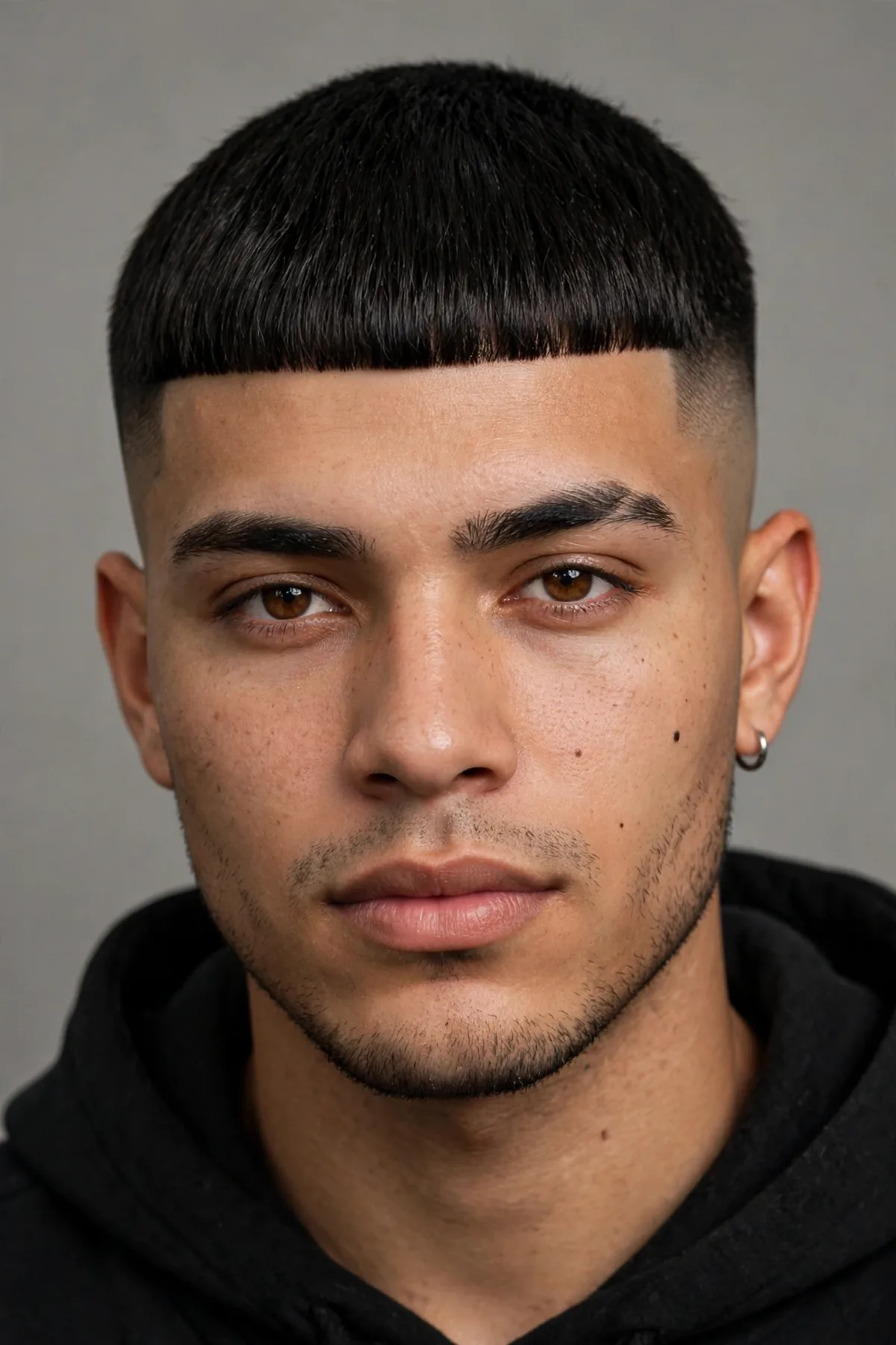 Edgar haircut with a bald fade — straight blunt fringe with skin-faded sides, sharp modern look