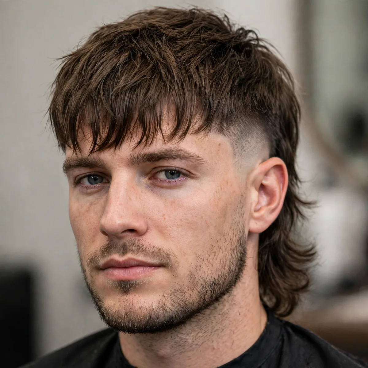 Fade mullet haircut with fringe — textured fringe falling over the forehead with a clean low fade and back length.