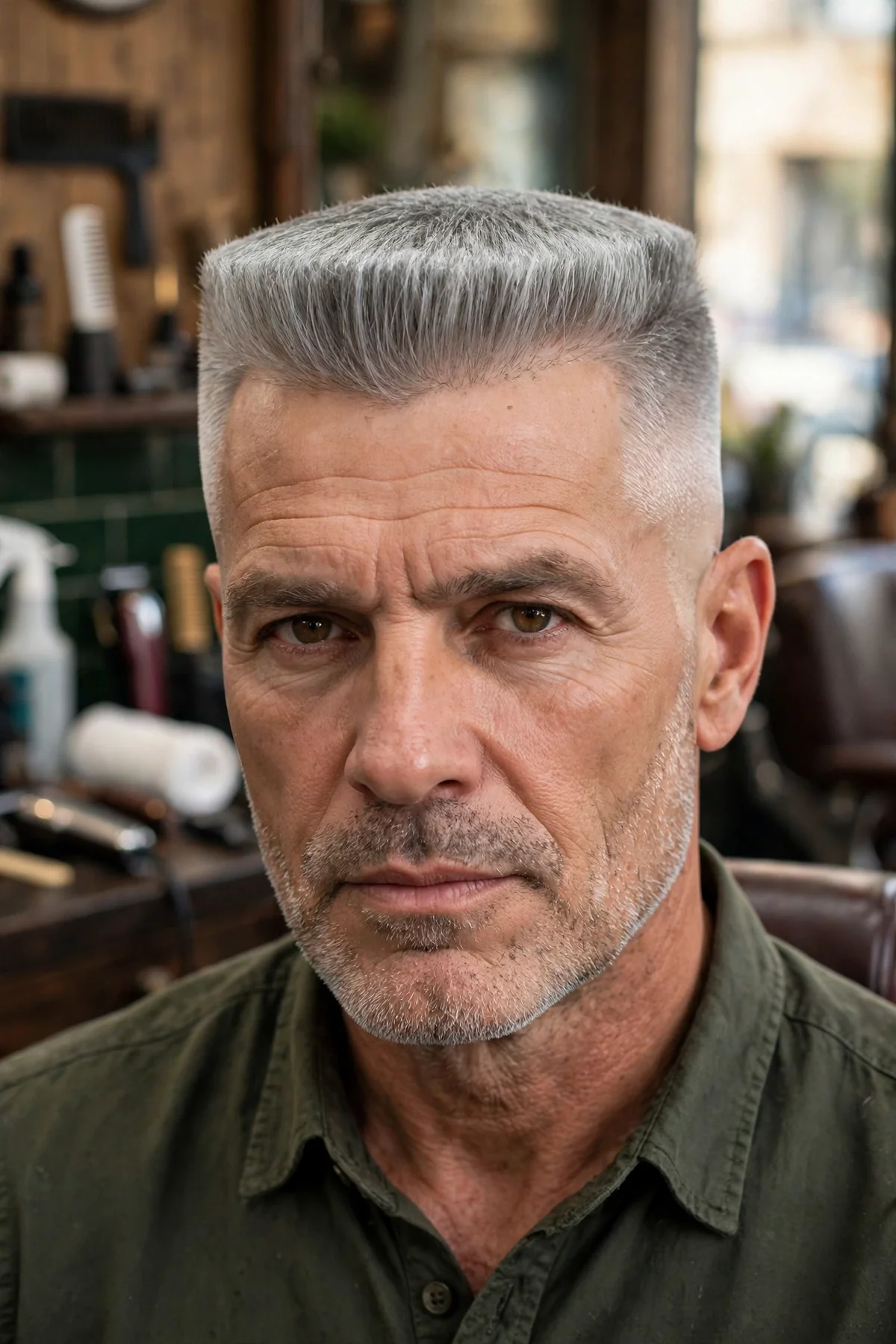 Gray flat top haircut with silver hair and sharp silhouette, a distinguished men's hairstyle