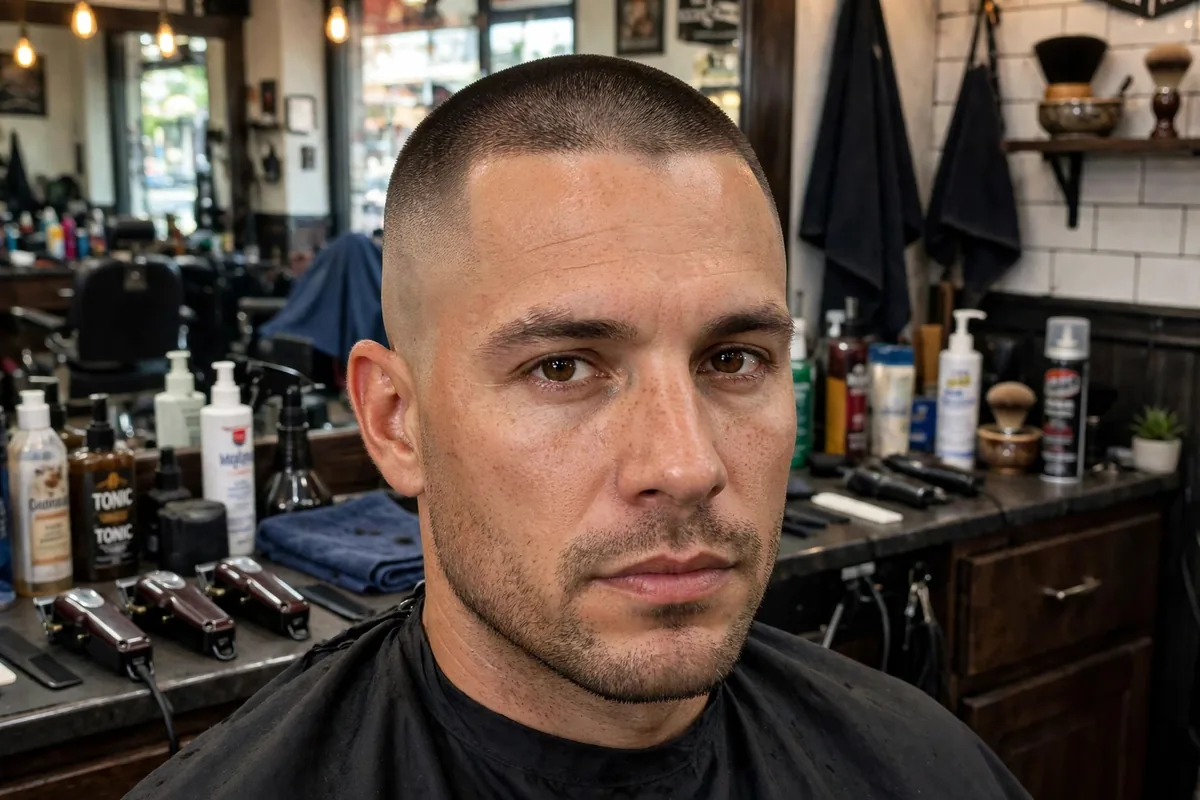Jarhead buzz haircut — high and tight style with number 1 top and high skin fade