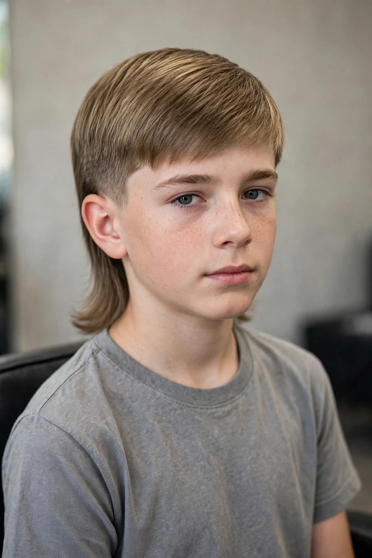 Teen boy with straight hair in a modern mullet — short textured top with longer back.