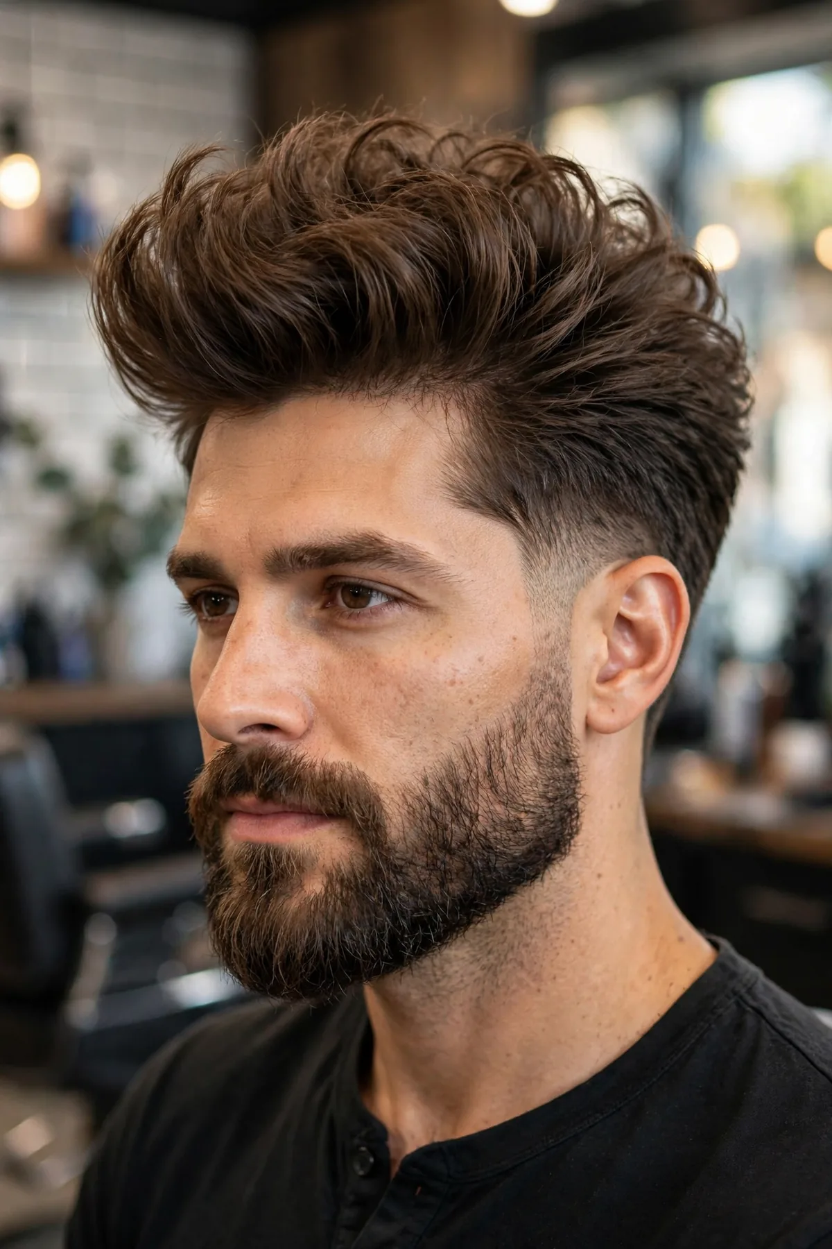 Quiff haircut paired with a beard fade on a stylish man