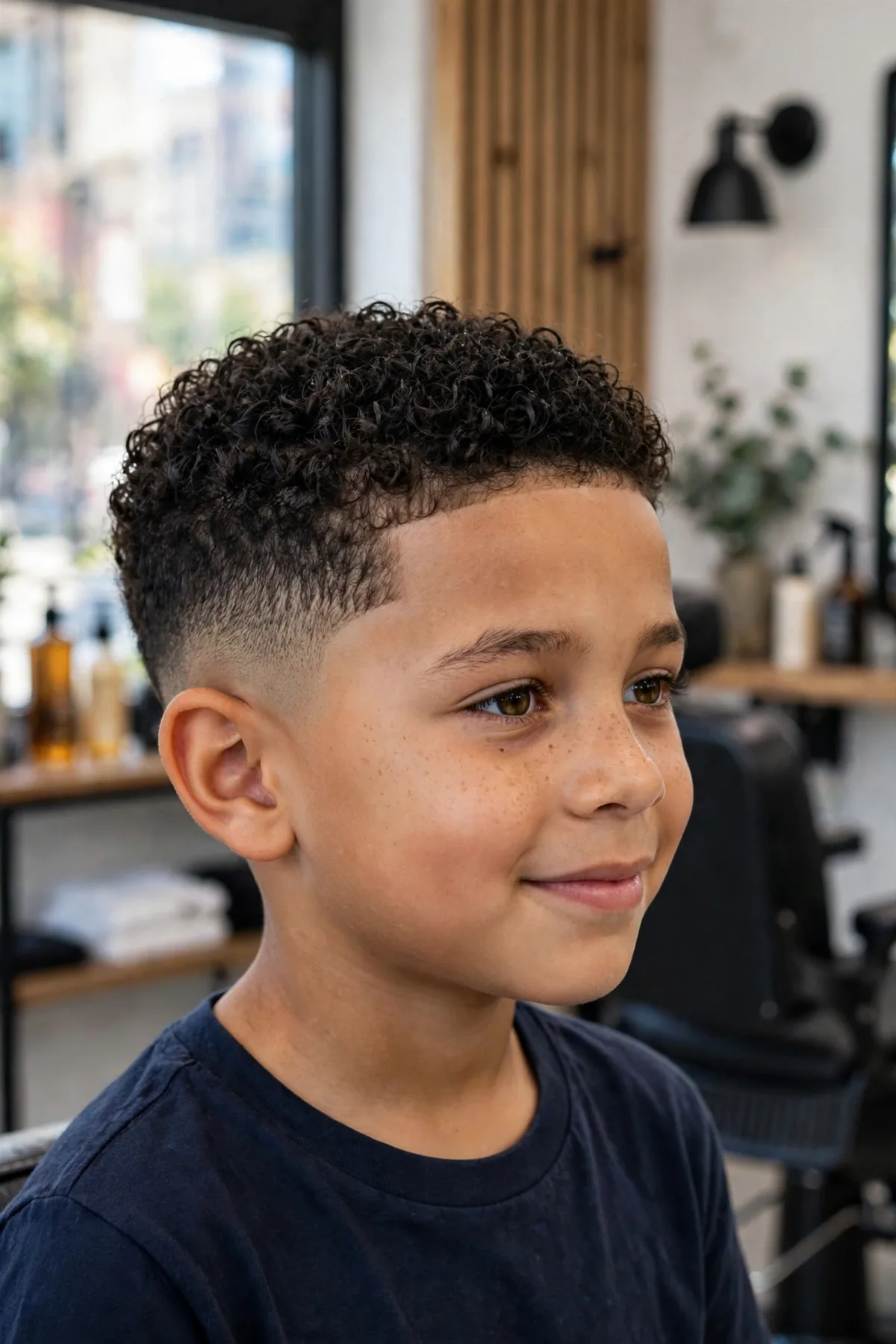 Boy with short curls and a low fade — tight curls on top with a subtle low fade, a neat short boys haircut