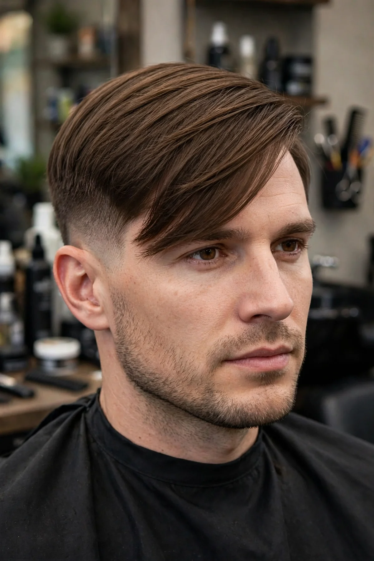 Side swept fringe haircut for men with straight hair — long fringe swept across the forehead