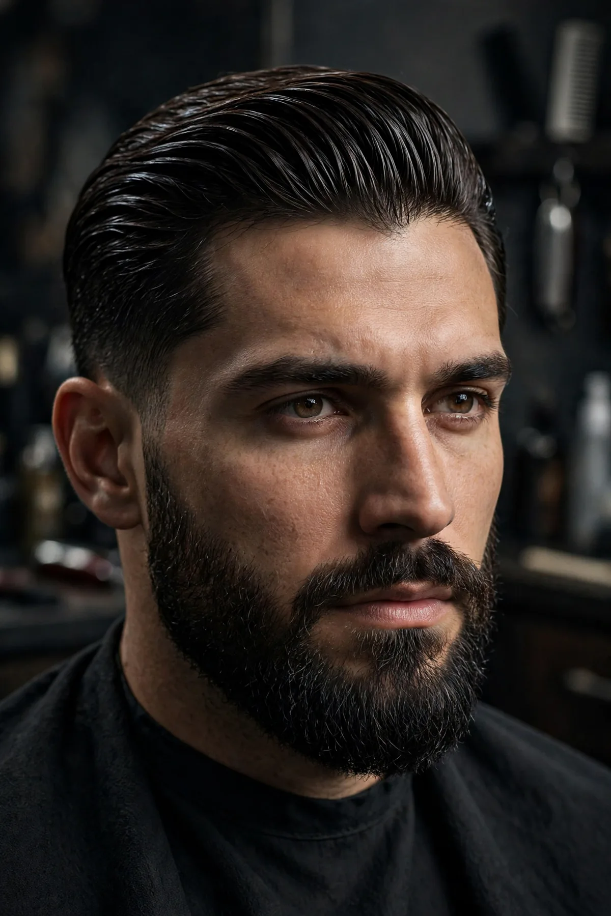 Slick back haircut paired with a full well-groomed beard on a man with dark hair. A masculine slick back hairstyle for men with a beard.