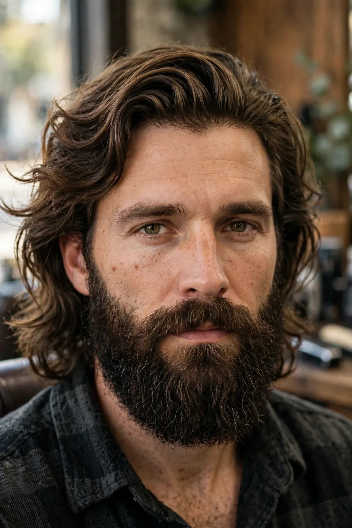 The bro flow with beard — medium-length flow haircut paired with a full beard on a man, barbershop photo.