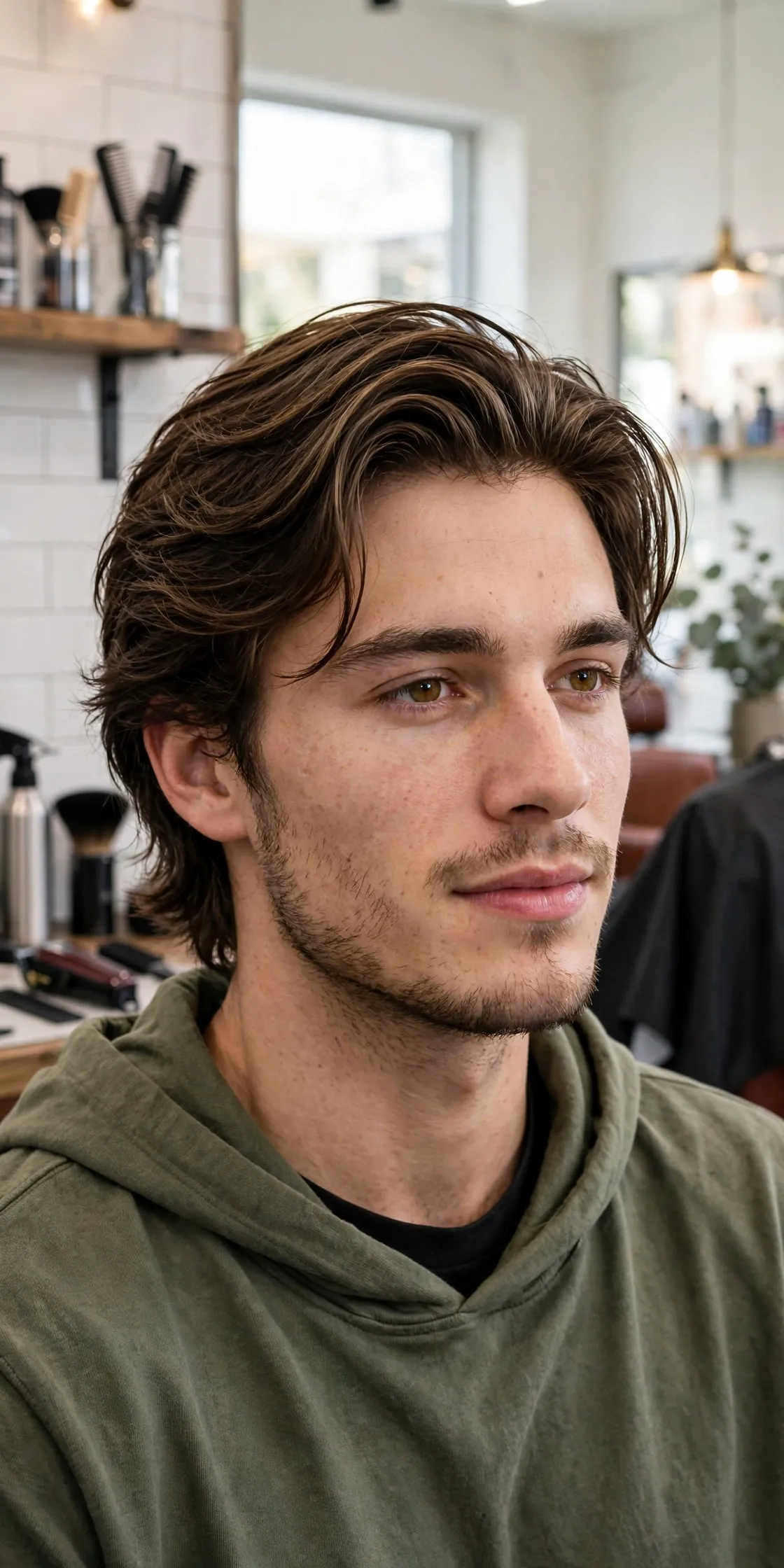 Bro flow haircut for men — medium length hair swept back with natural movement