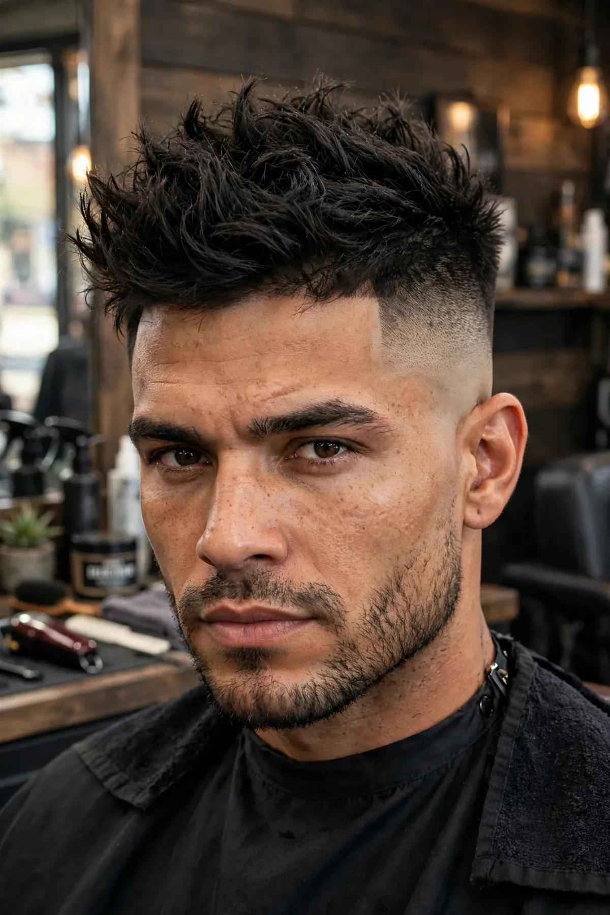 High fade warrior haircut for men with dramatic fade and choppy textured top