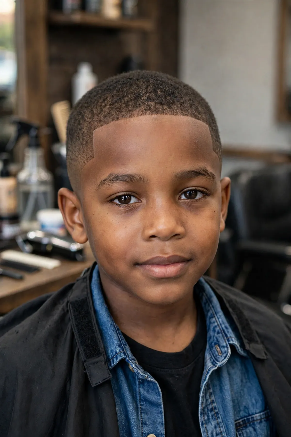 Little Black boy with a short buzz cut and soft lineup, a practical black boy haircut for active kids.