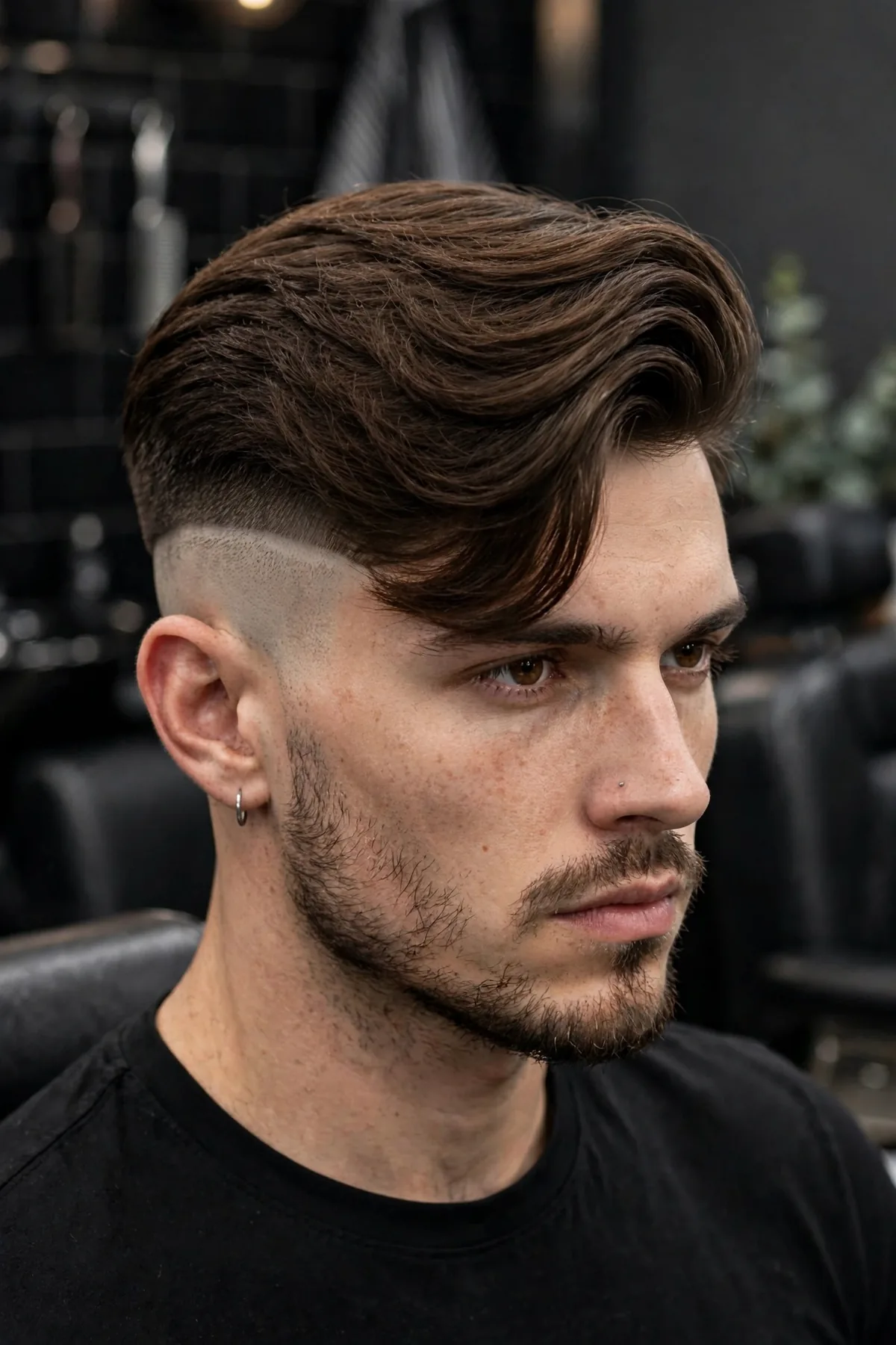 Man with a modern disconnected comb over haircut, long heavy top contrasting short sides, barbershop photography
