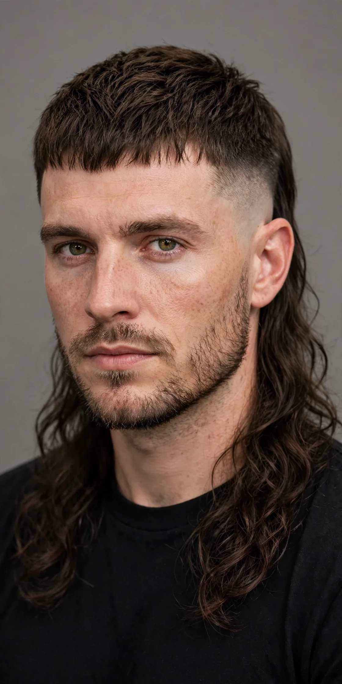 Mullet with a bald fade — short front, skin-faded sides, longer flowing back, modern mullet style
