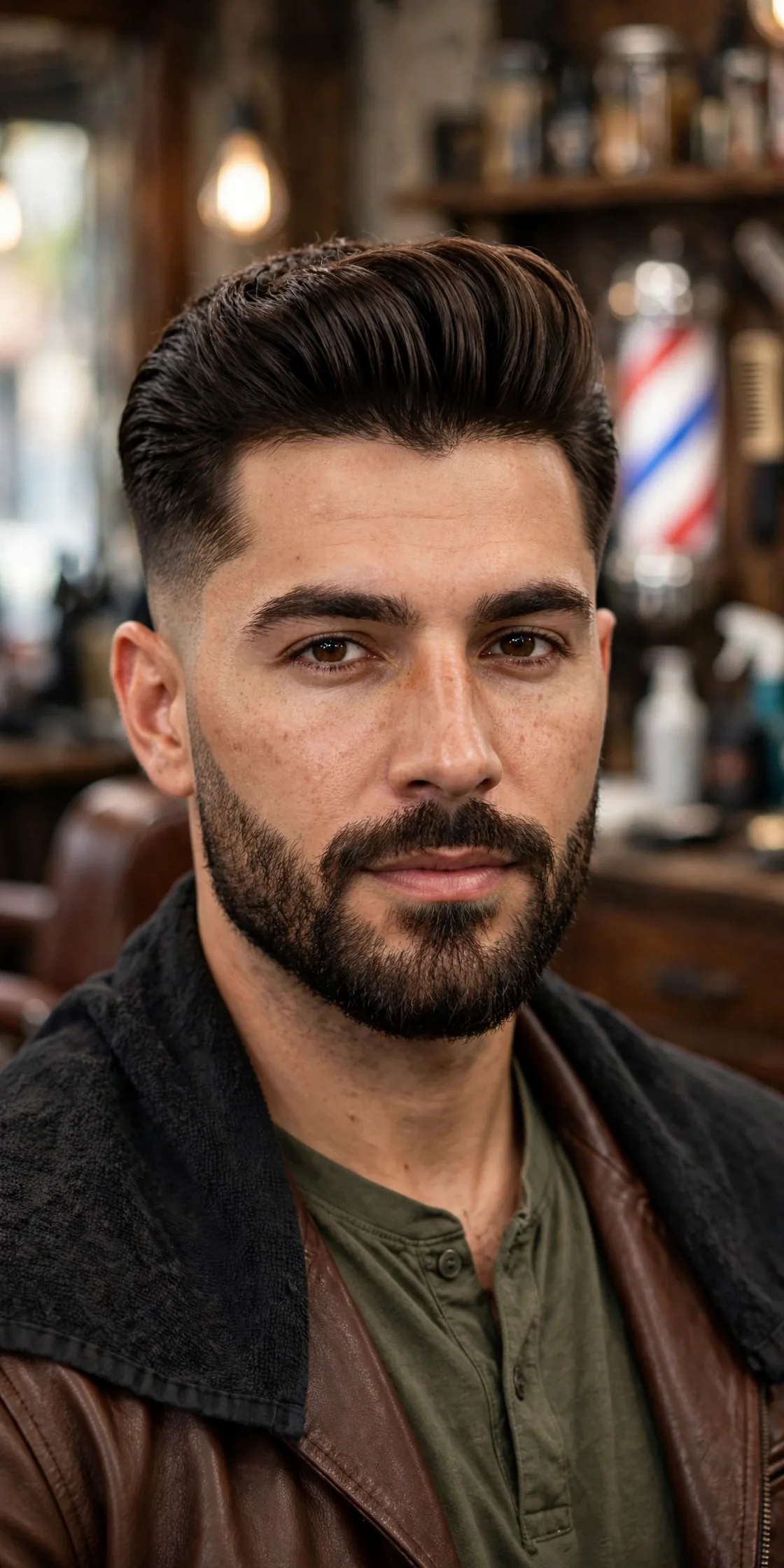 Pompadour haircut with a beard fade on a well-groomed man