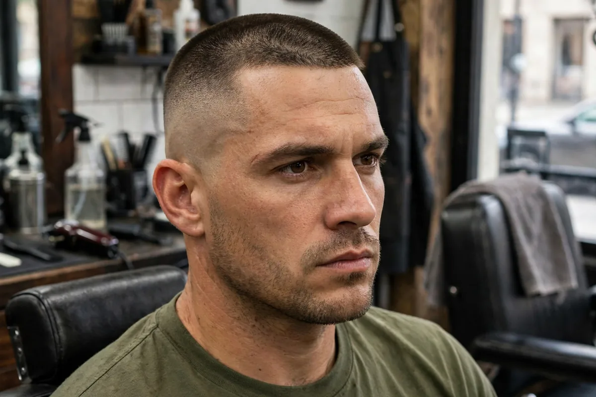 Recon buzz haircut — number 2 top with zero-guard sides in a military recon style