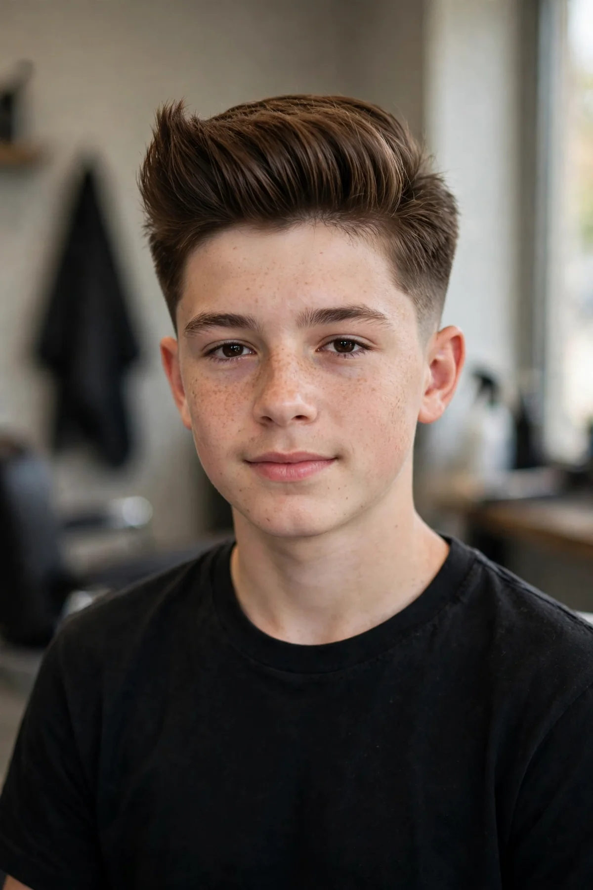 Teen boy with straight hair in a tapered quiff with lifted front and neat sides.