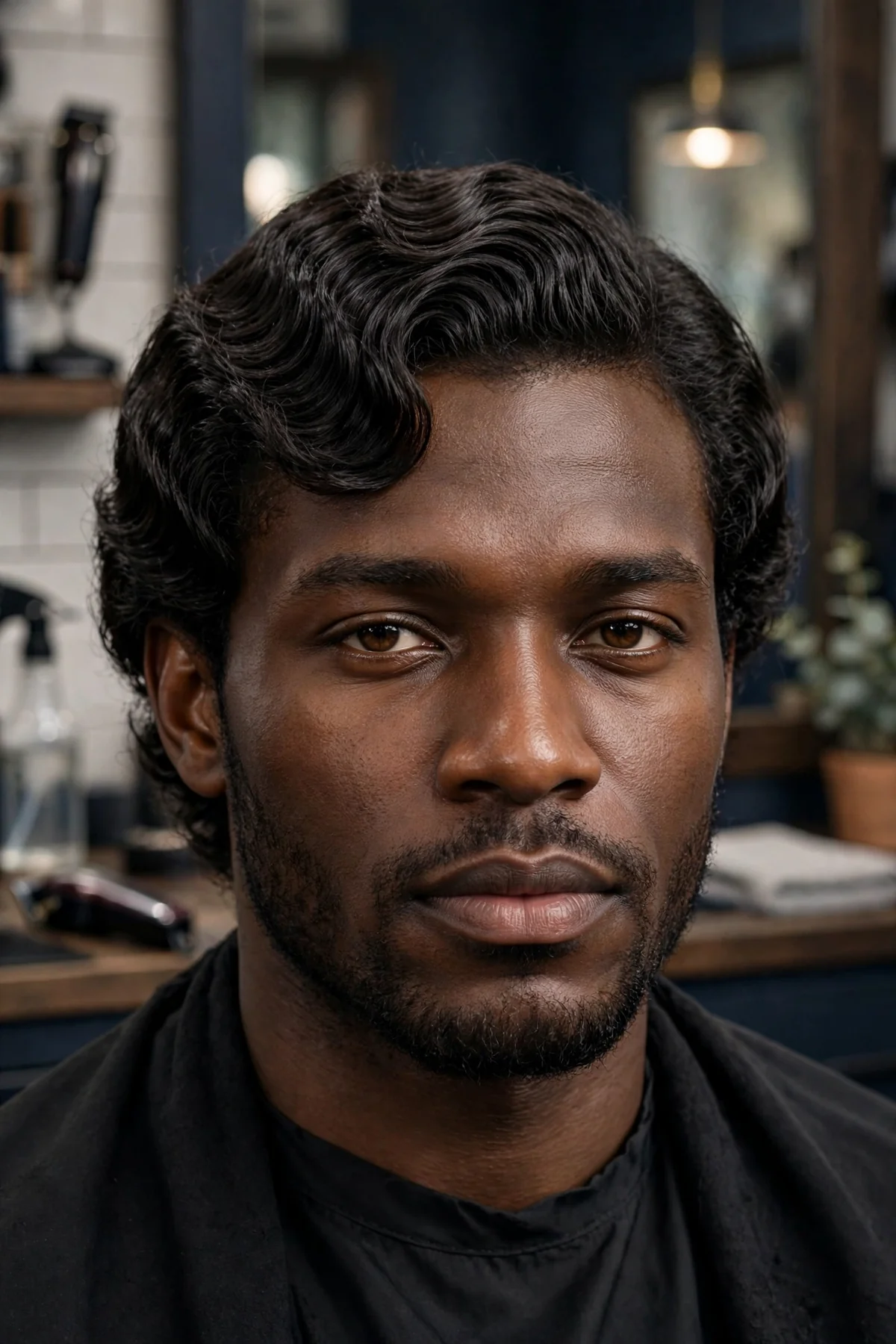 360 waves medium length haircut for men with a glossy even ripple pattern.