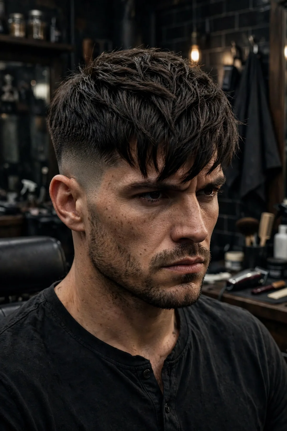 Forward swept warrior haircut for men with layered fringe pushed forward over faded sides