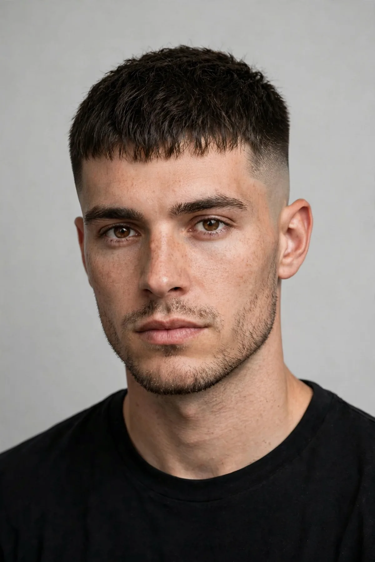 French crop with a bald fade haircut — short cropped fringe with sharp skin-faded sides
