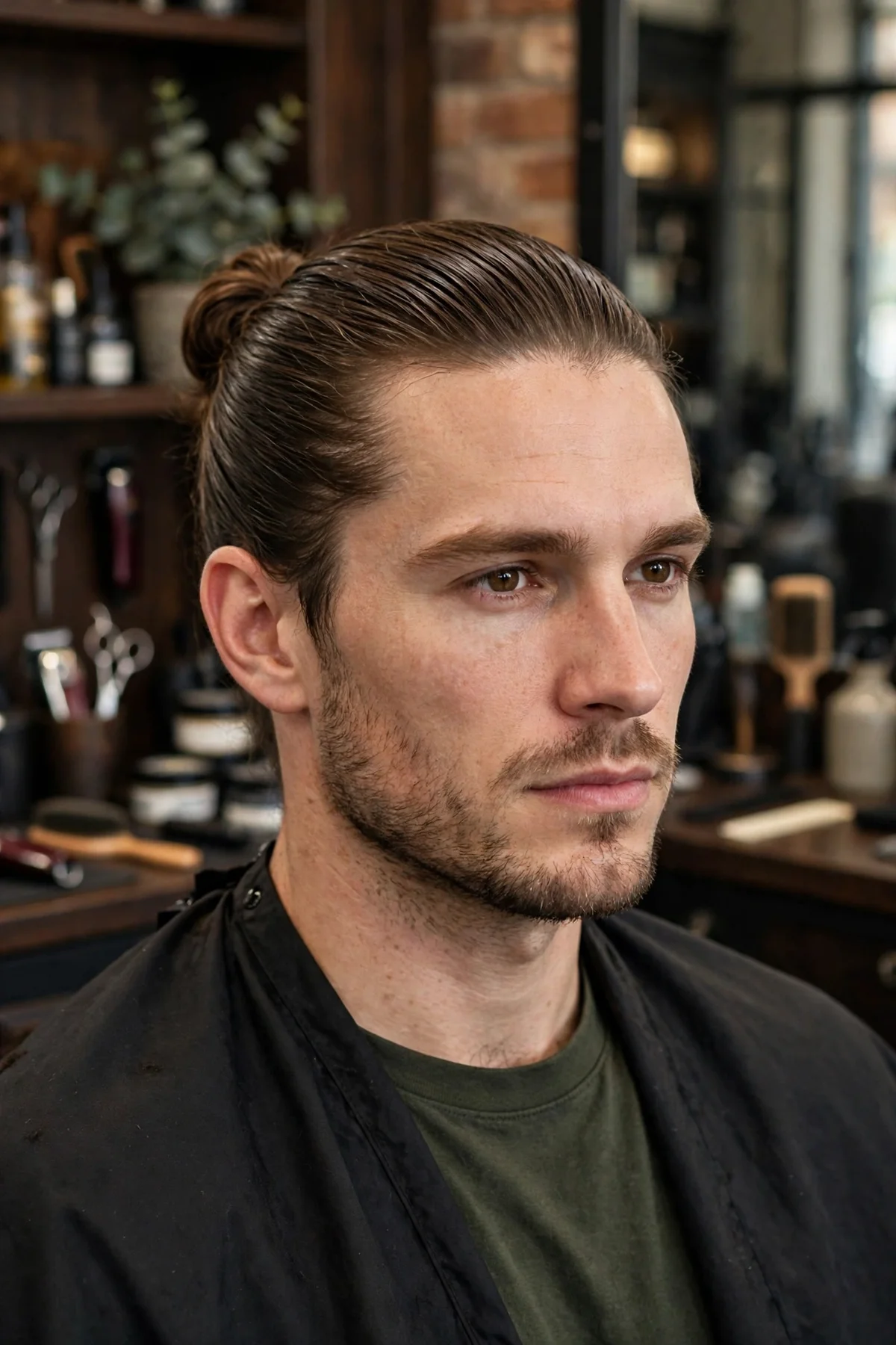 Man bun hairstyle for men with straight hair — long straight hair gathered into a bun at the crown