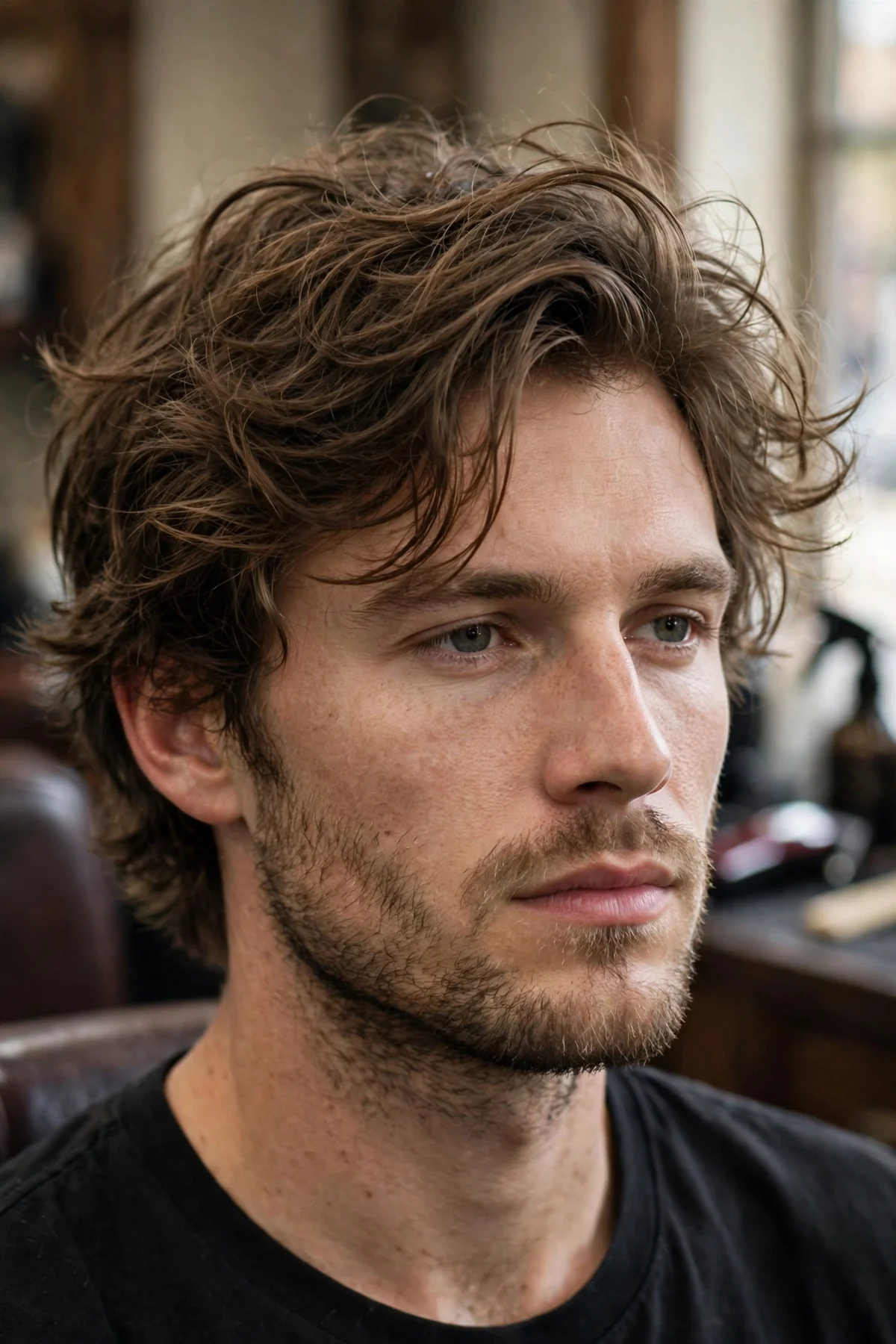 The messy bro flow haircut with tousled medium-length texture swept back, barbershop photo.