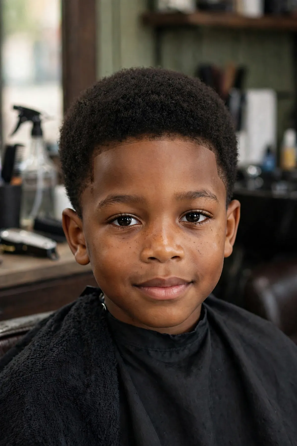 Little Black boy with a small round mini afro, a cute natural black boy haircut.
