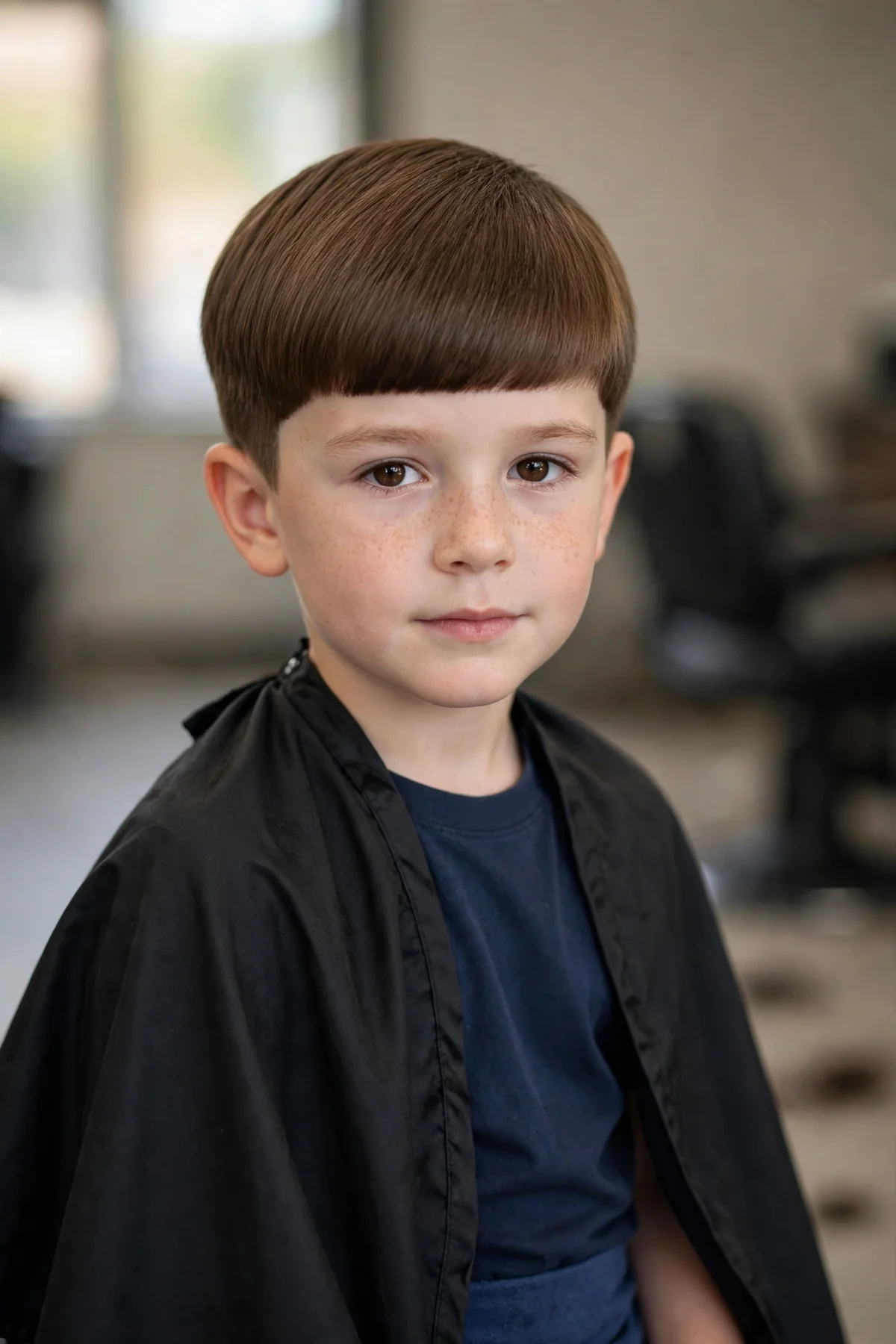 Little boy with straight hair in a modern bowl cut with soft rounded edges.