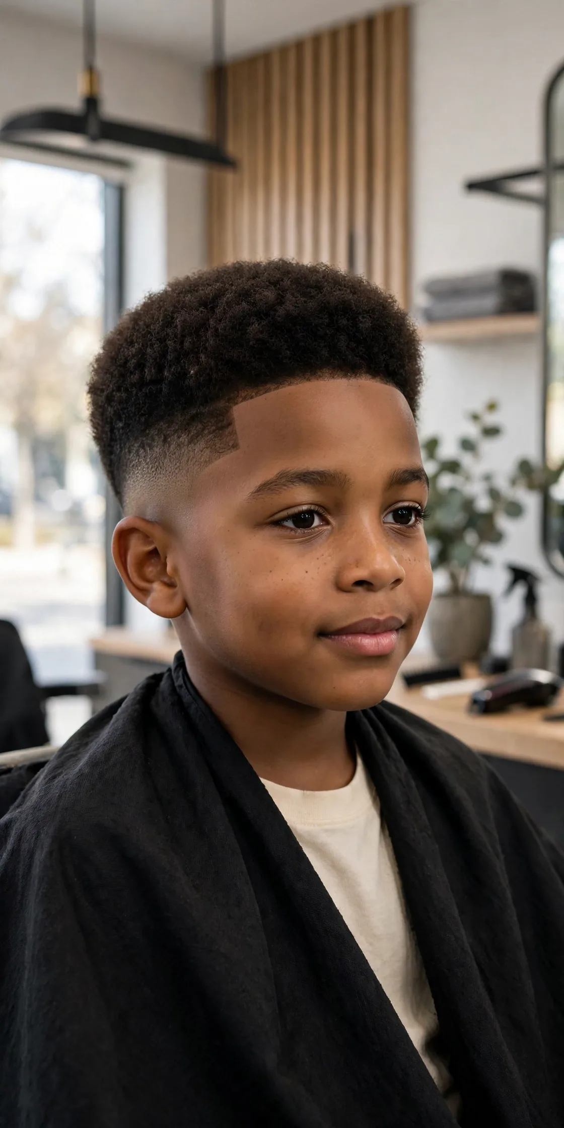 Boy with a short afro and tapered sides — rounded natural hair with clean tapered edges, a proud short boys haircut