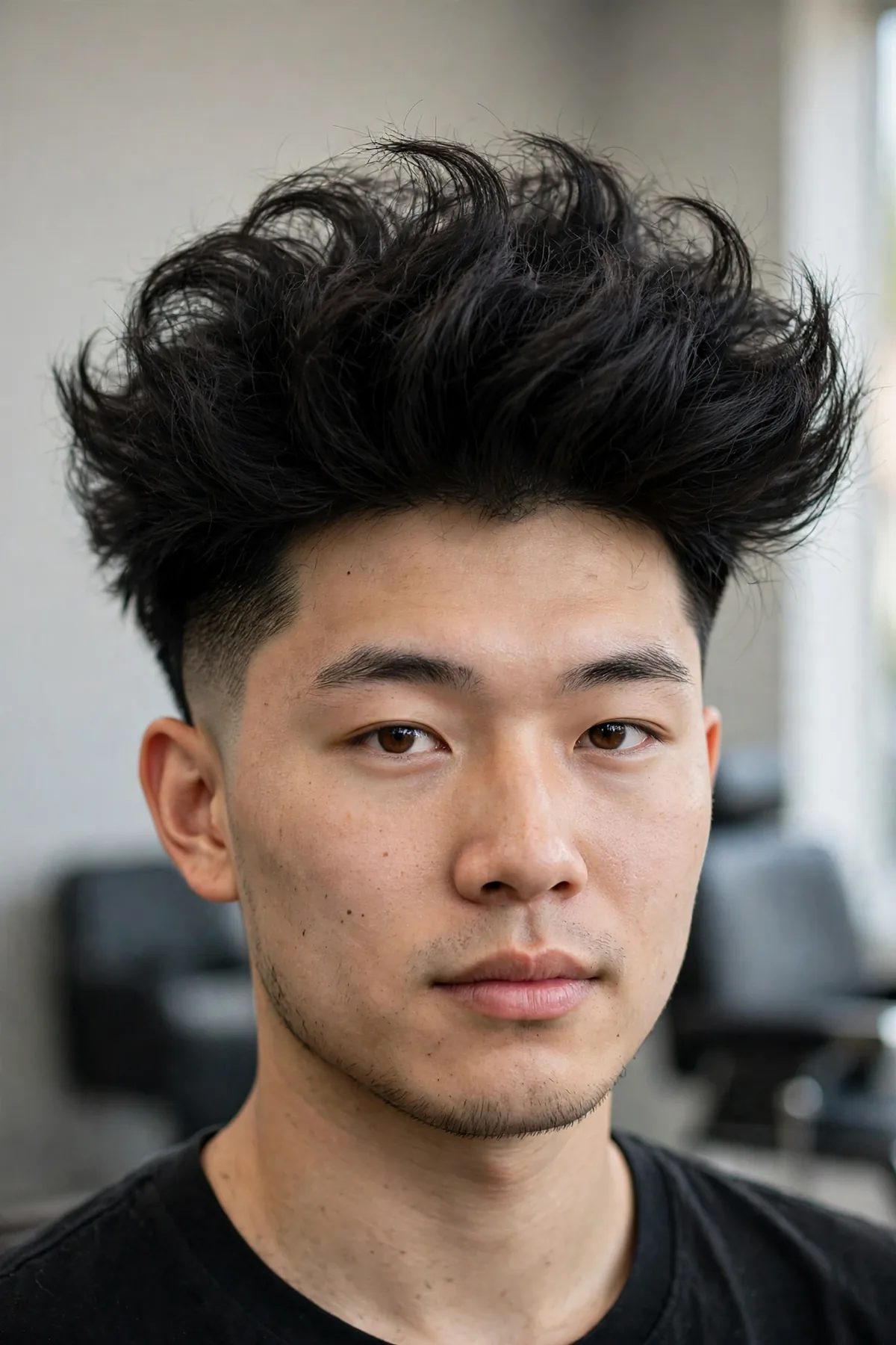 Blowout haircut for thick hair men, massive dense volume tamed with mid fade