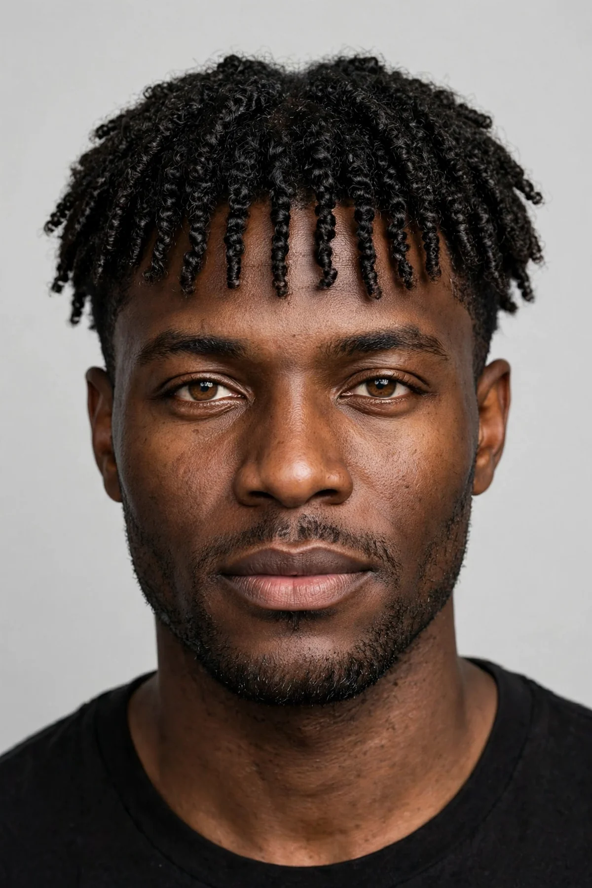 Coily fringe medium haircut for men with tight coils falling forward.