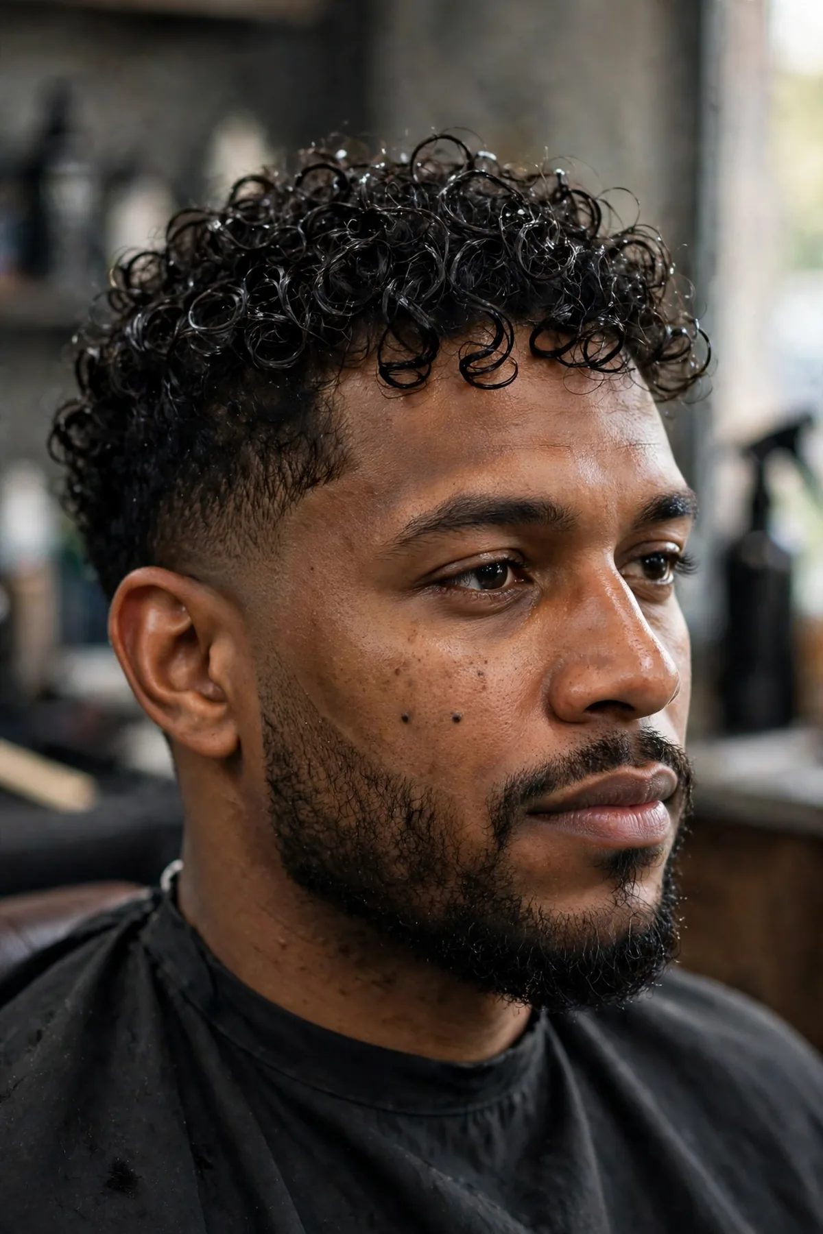 Curly hair on top with a beard fade blending textured curls into a beard