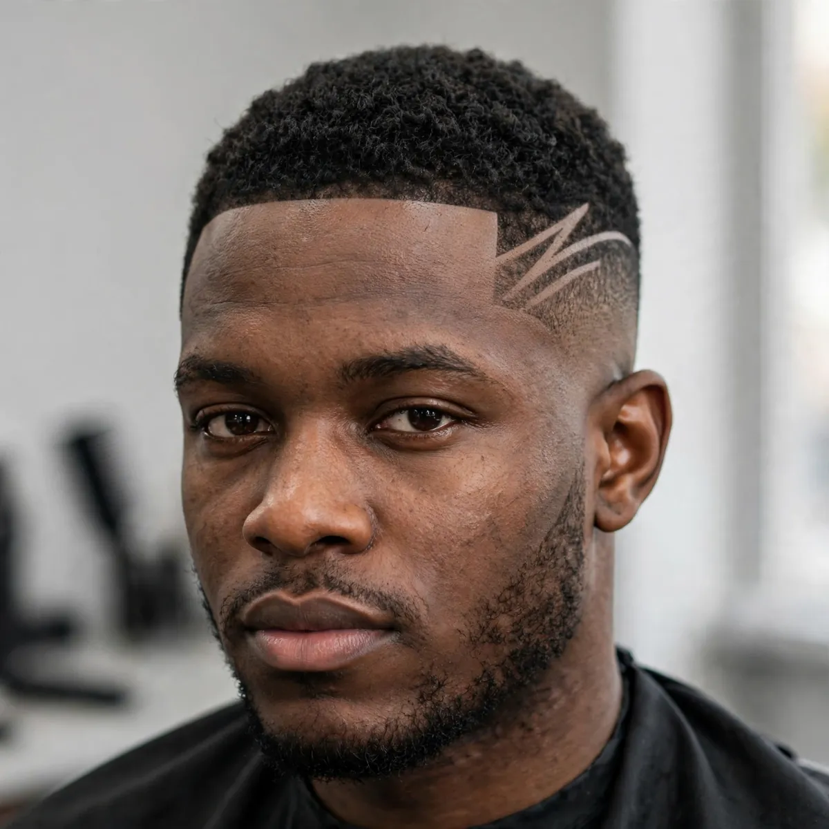 Man with a high taper and hair design — shaved razor pattern carved into the high taper sides.