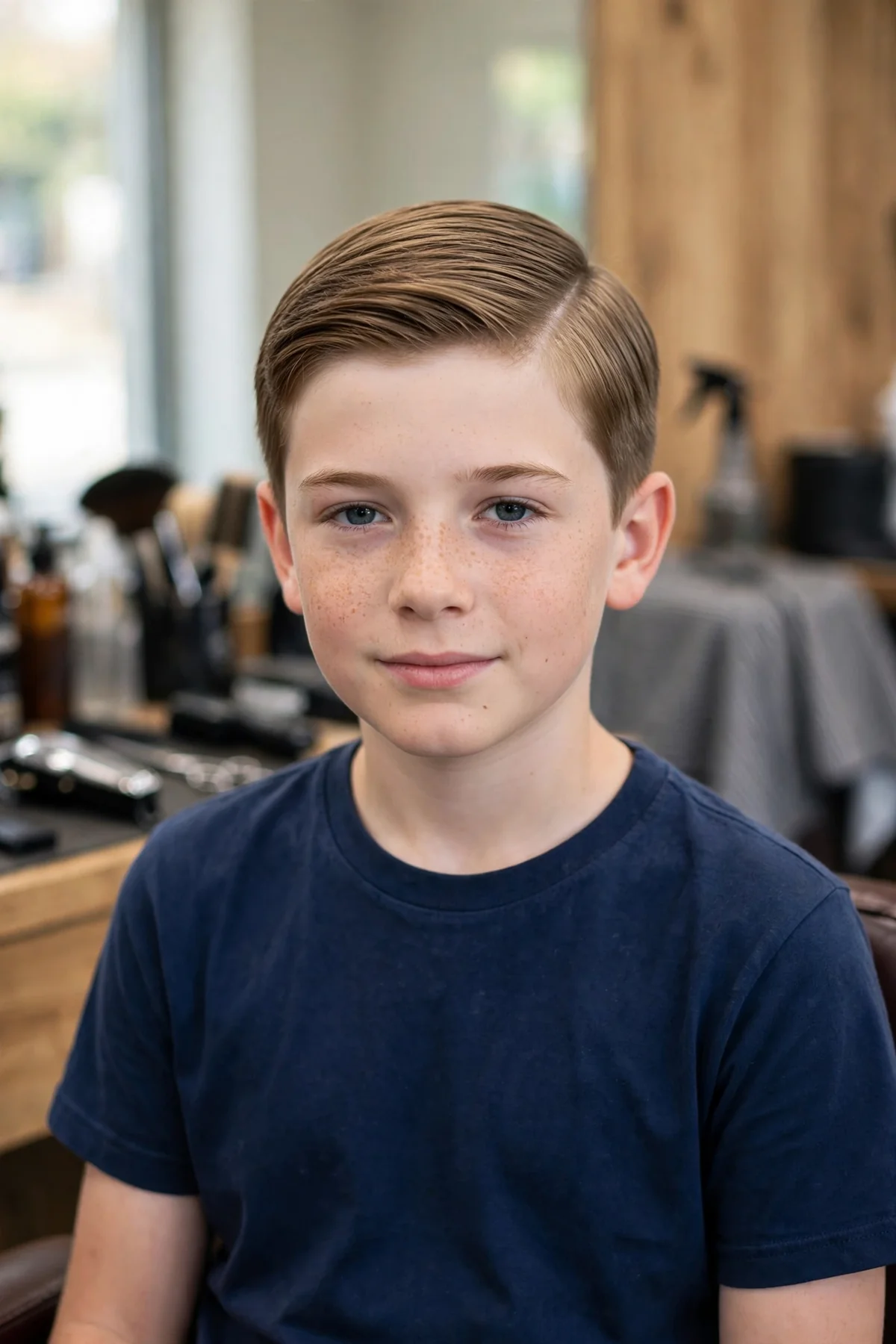 Boy with straight hair in an ivy league cut with a neat side part.