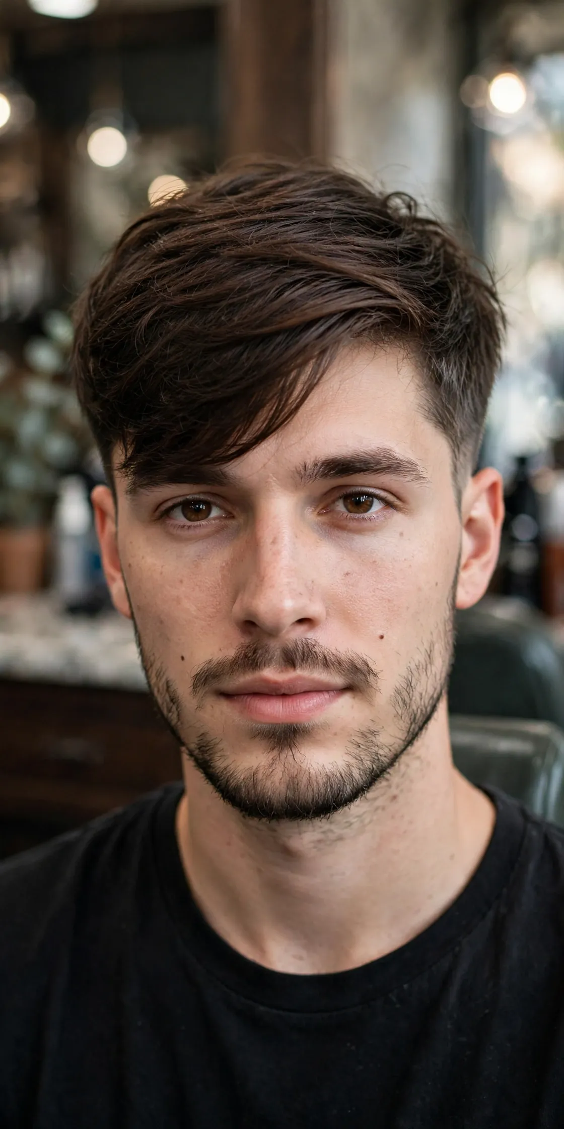 Side swept fringe haircut for men — angled fringe across forehead with tapered sides