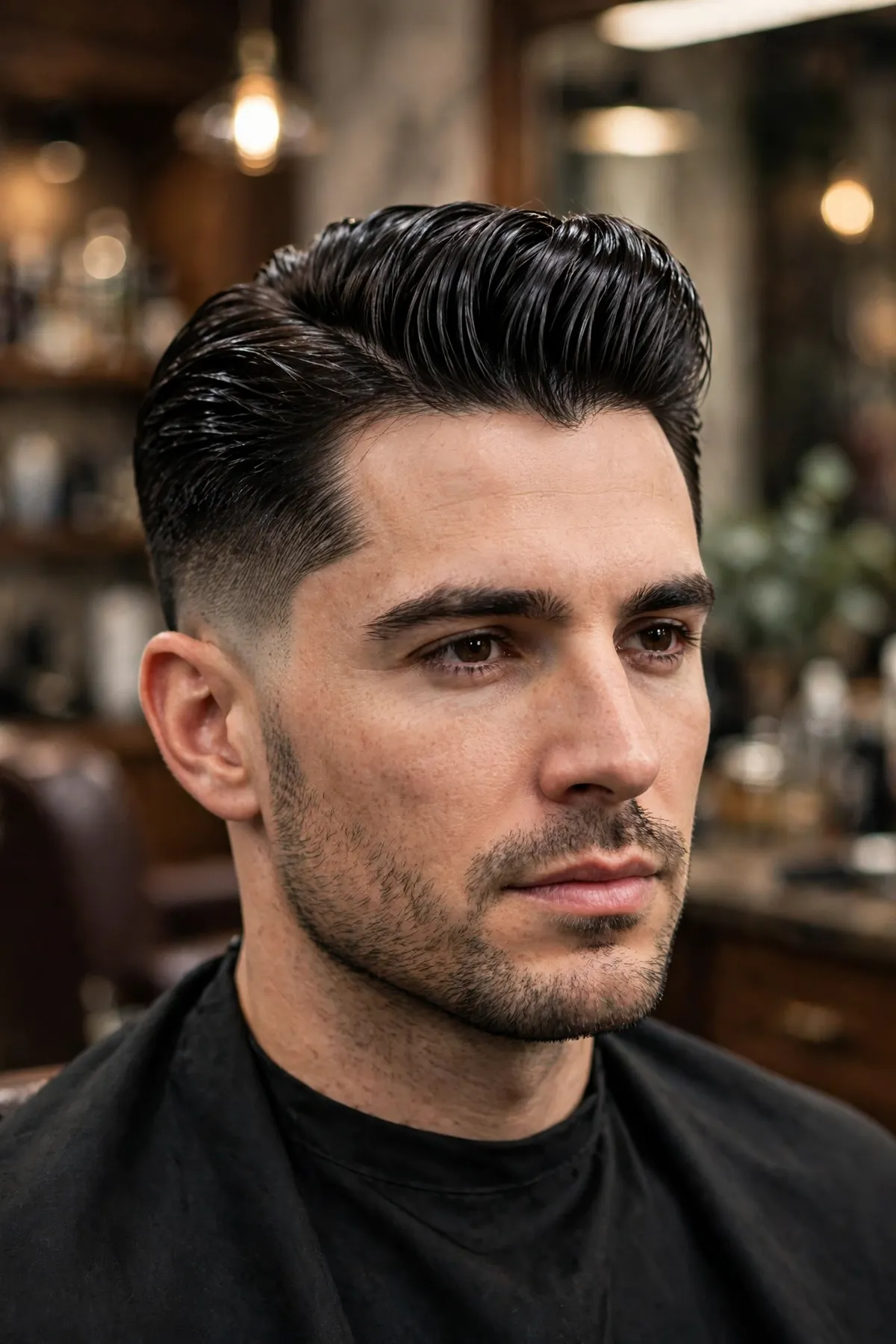 Slicked pompadour haircut for men — high-shine polished pompadour with slicked sides, formal vintage-inspired style