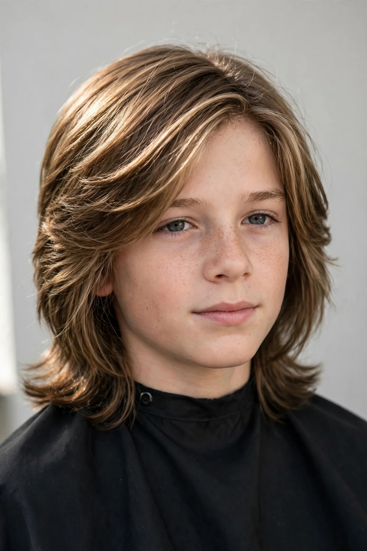 Sun-kissed long layers boys haircut with natural highlighted ends and flowing layered long hair