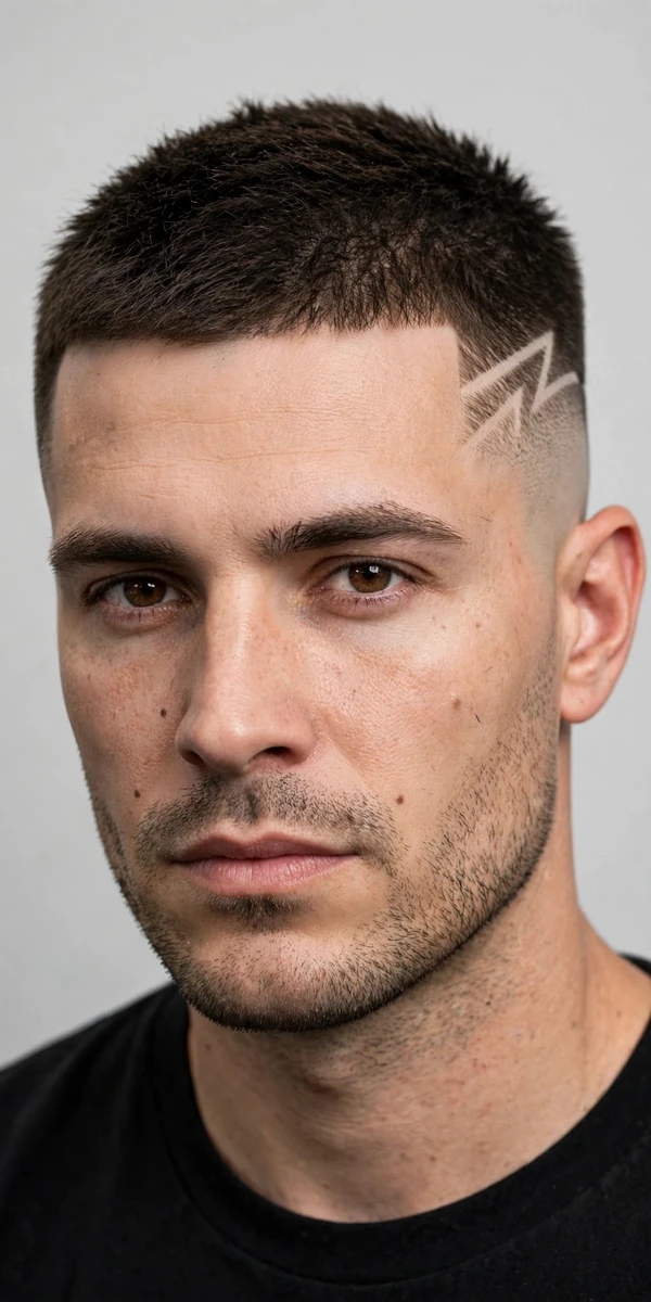 Crew cut with surgical line — upright top with a shaved design line carved into the faded side