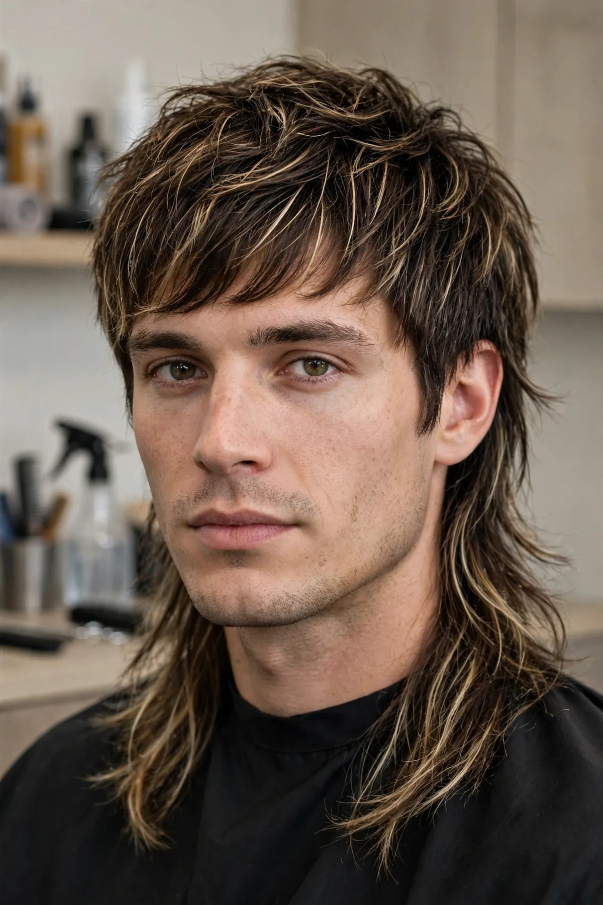 Wolf cut with highlights haircut for men — sun-kissed highlighted layers adding dimension
