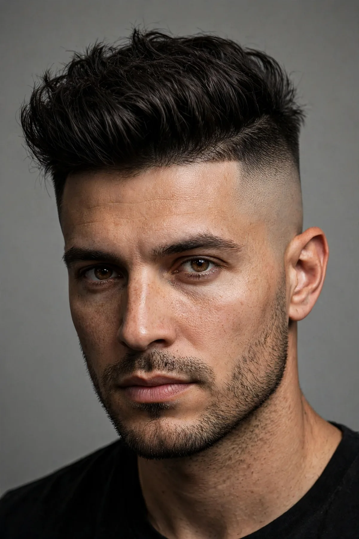 Disconnected undercut with a bald fade — long top with a sharp disconnect above skin-faded sides