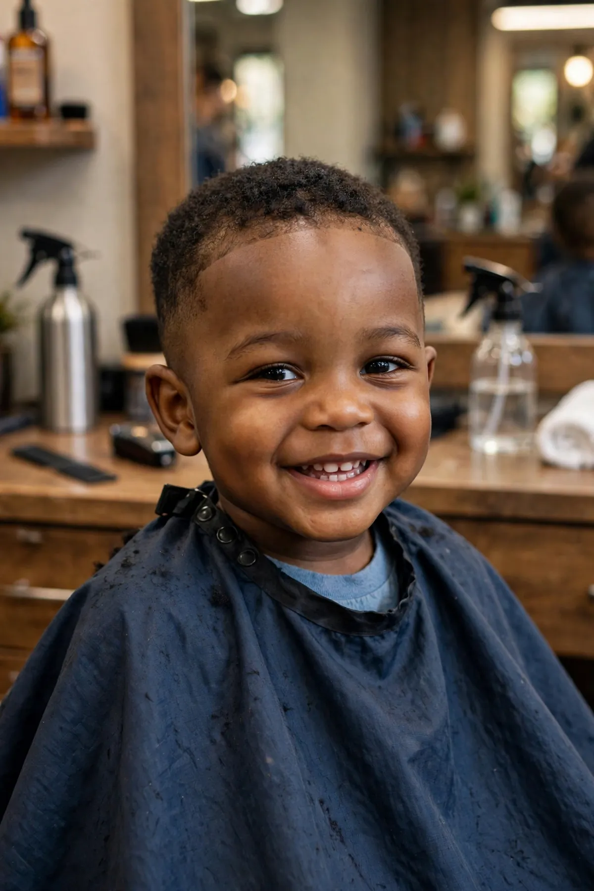 Toddler Black boy smiling after his first gentle haircut trim, a milestone black boy haircut moment.
