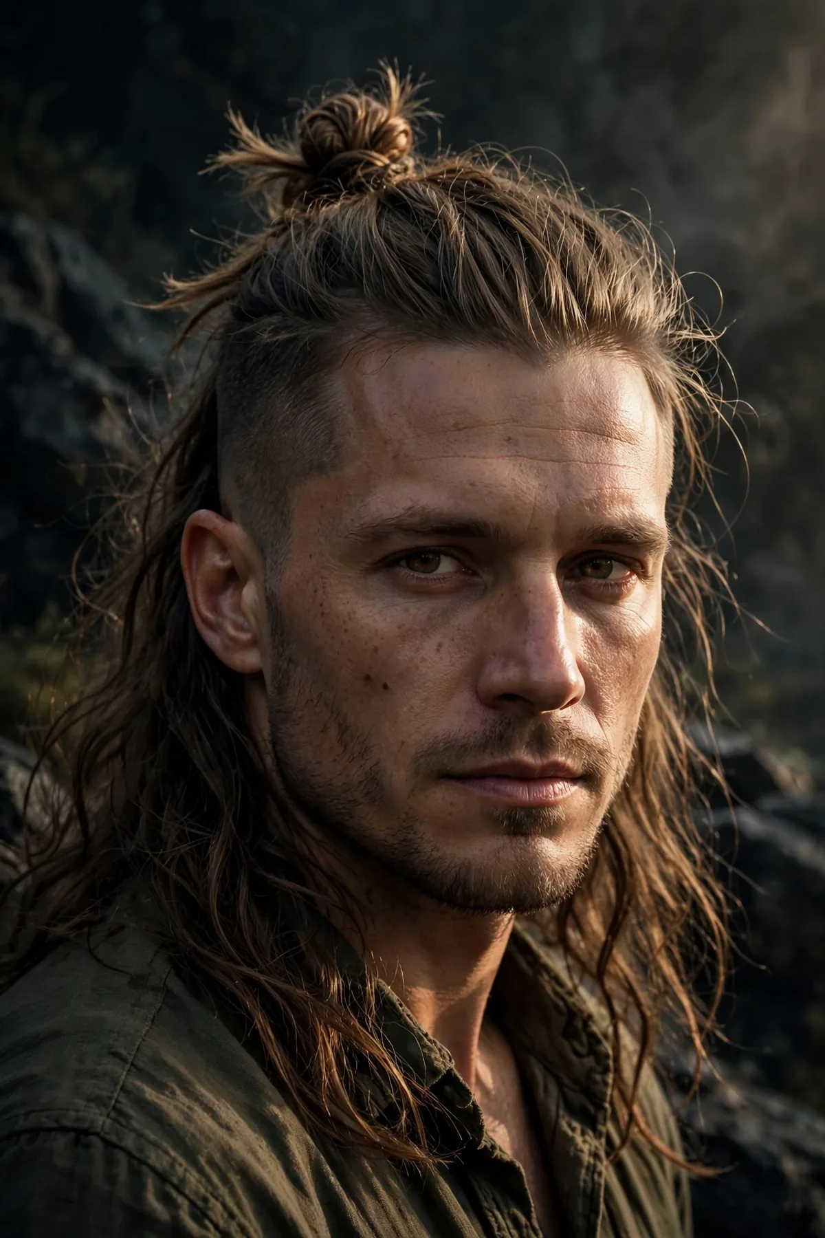 Half up warrior knot haircut for men with front knot and flowing textured back