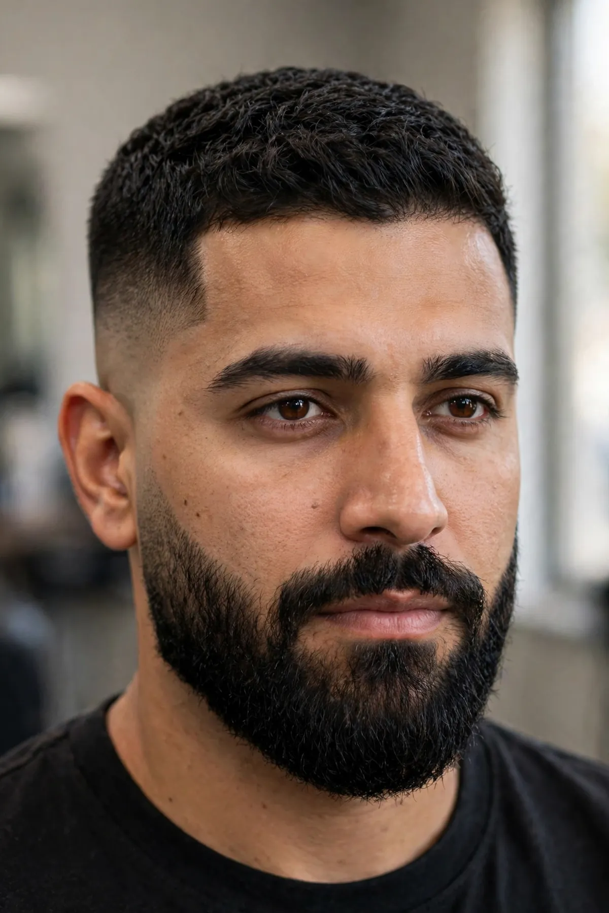 Man with a high taper and beard blend — high taper flowing seamlessly into a full groomed beard.