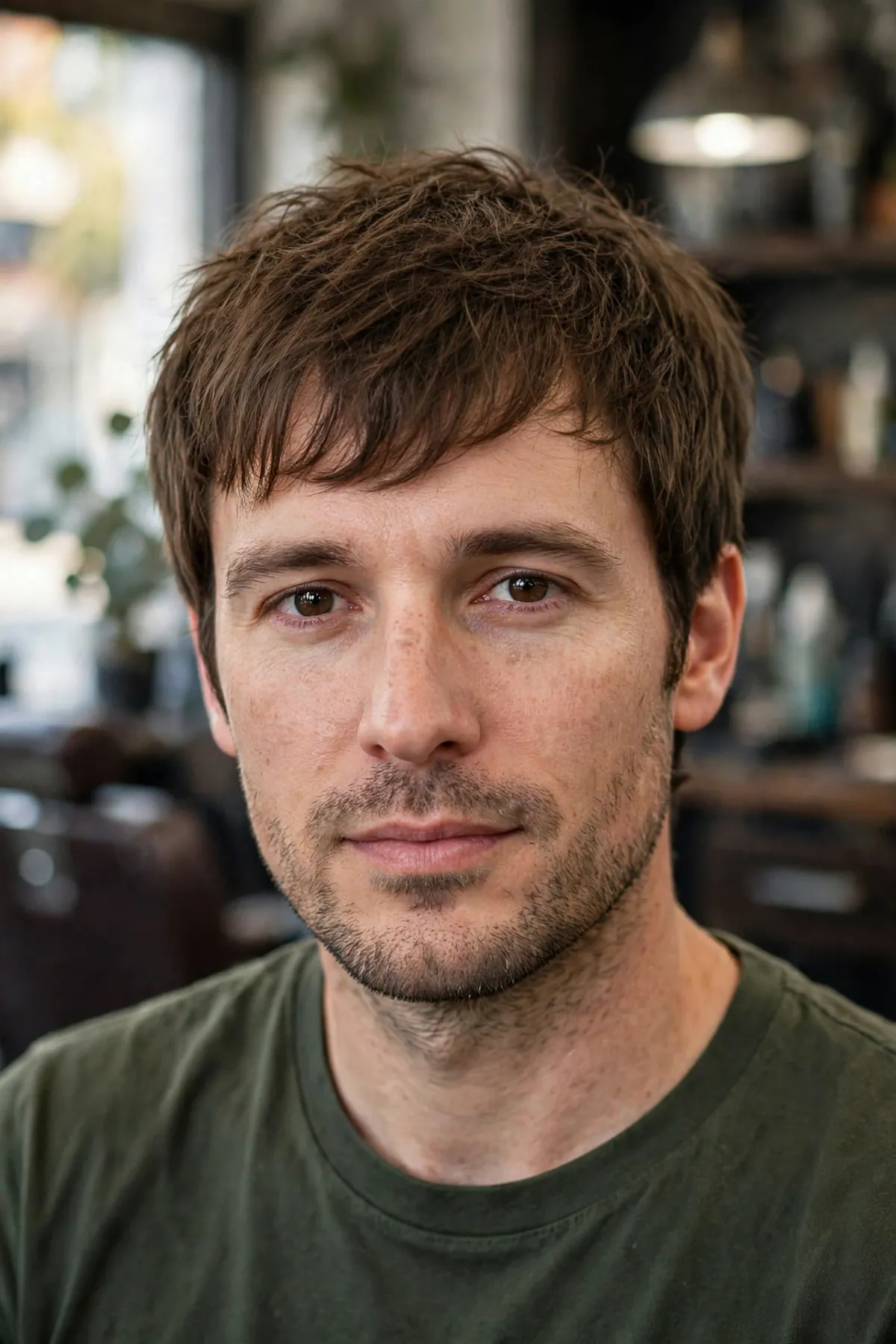 Messy fringe haircut for a receding hairline on a man, textured fringe providing coverage at the temples
