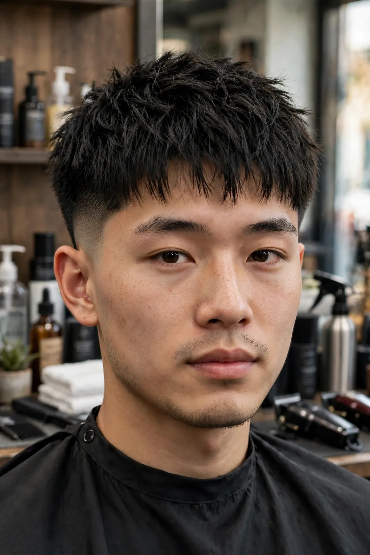 Asian man with a low taper fade haircut and textured crop top, choppy short layers with clean tapered sides and neckline