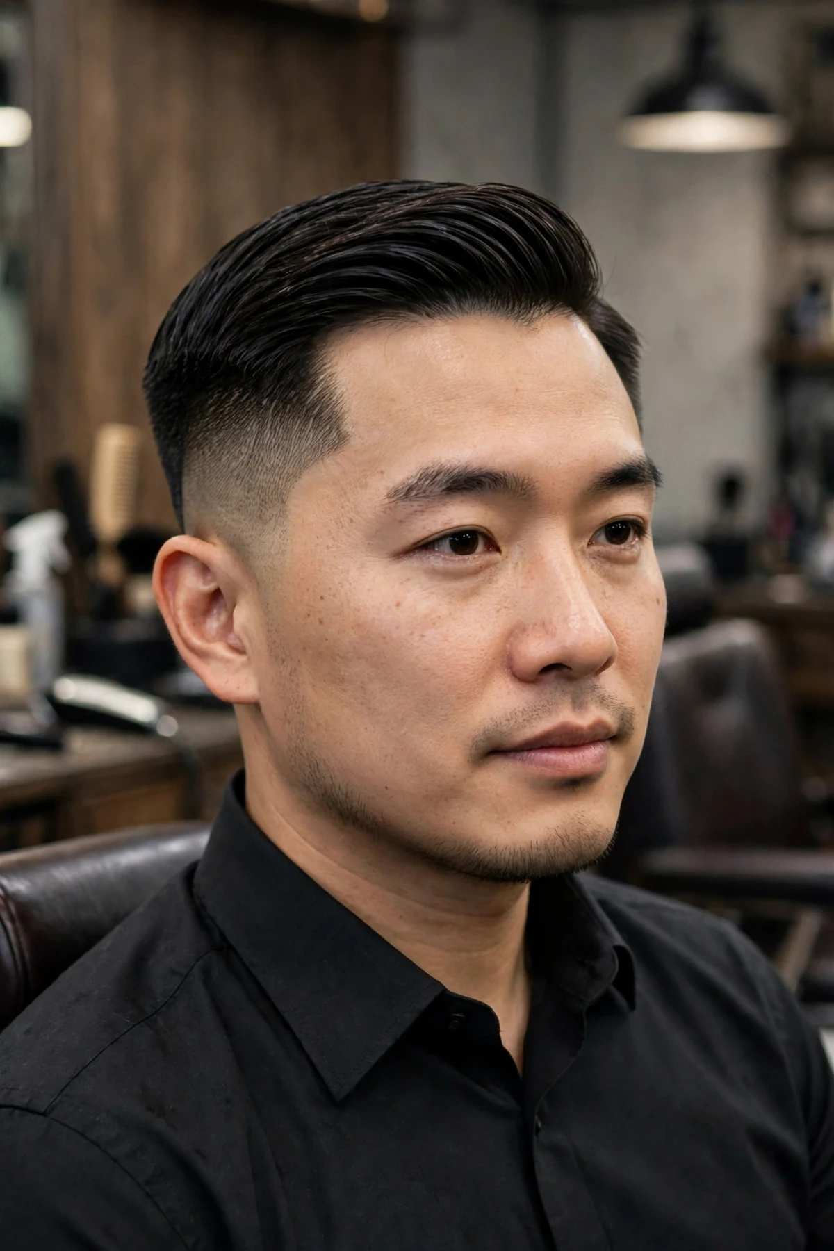 Asian professional man with a low fade haircut and neat side part, combed top with sharp clean sides for an office look