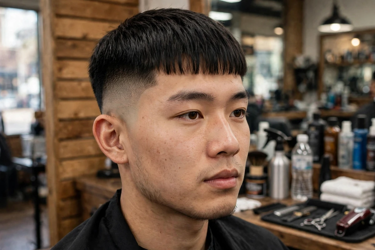 Young Asian man with a low skin fade haircut and short straight fringe, faded to skin above the ears with fringe across the forehead