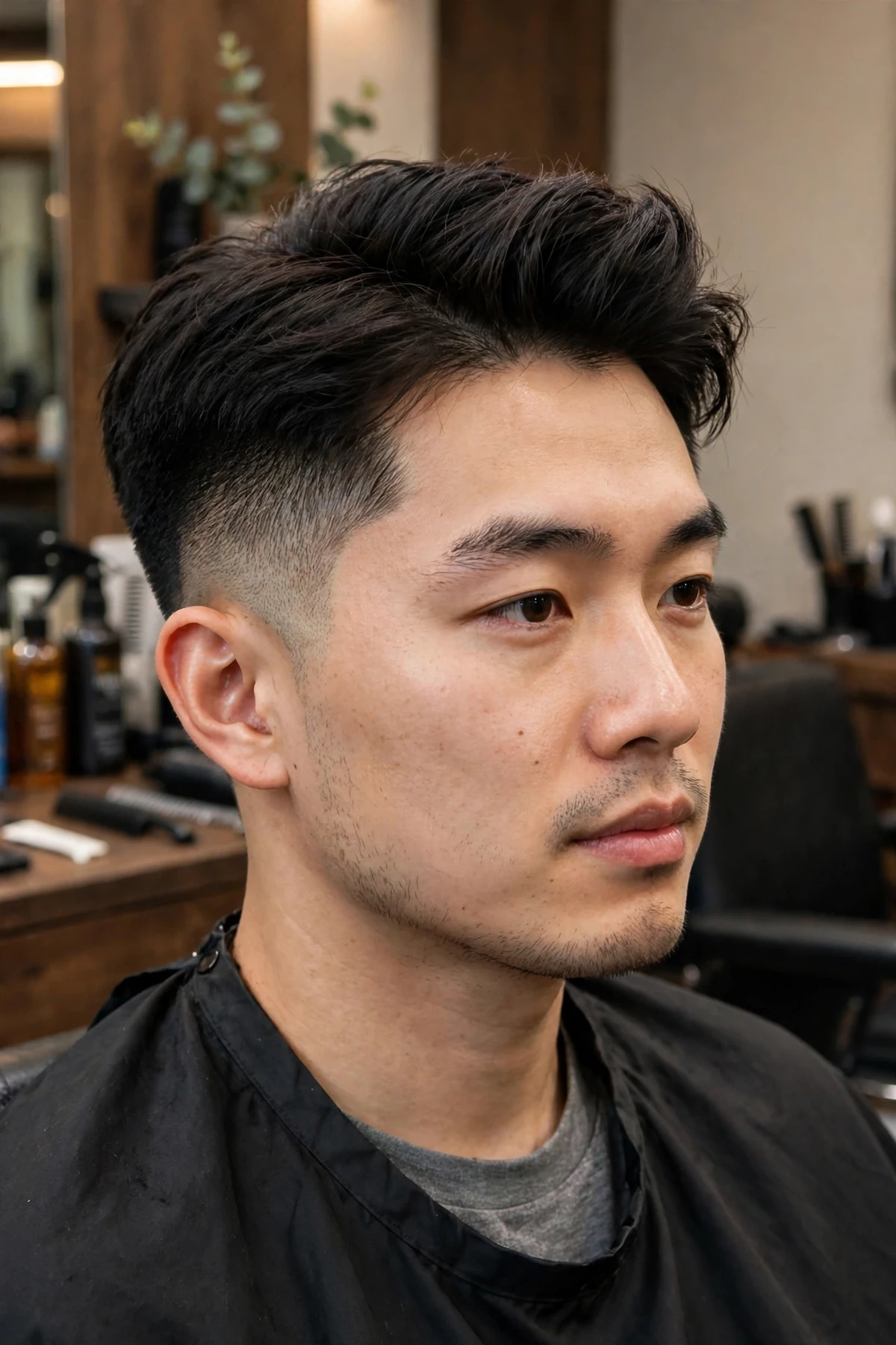Asian man with a low fade haircut and soft quiff hairstyle, voluminous swept-up front with blended low faded sides