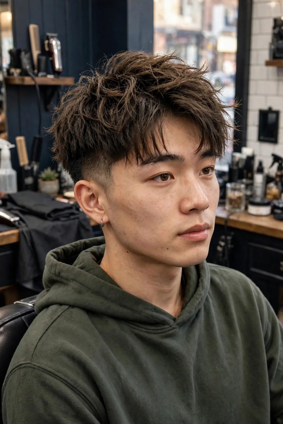 Asian college student with a low fade haircut and messy textured top, tousled layers with neat faded sides