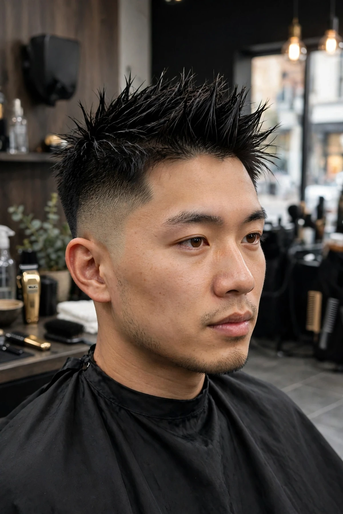 Asian man with a mid fade haircut and spiky textured top, defined spikes with clean mid-level faded sides